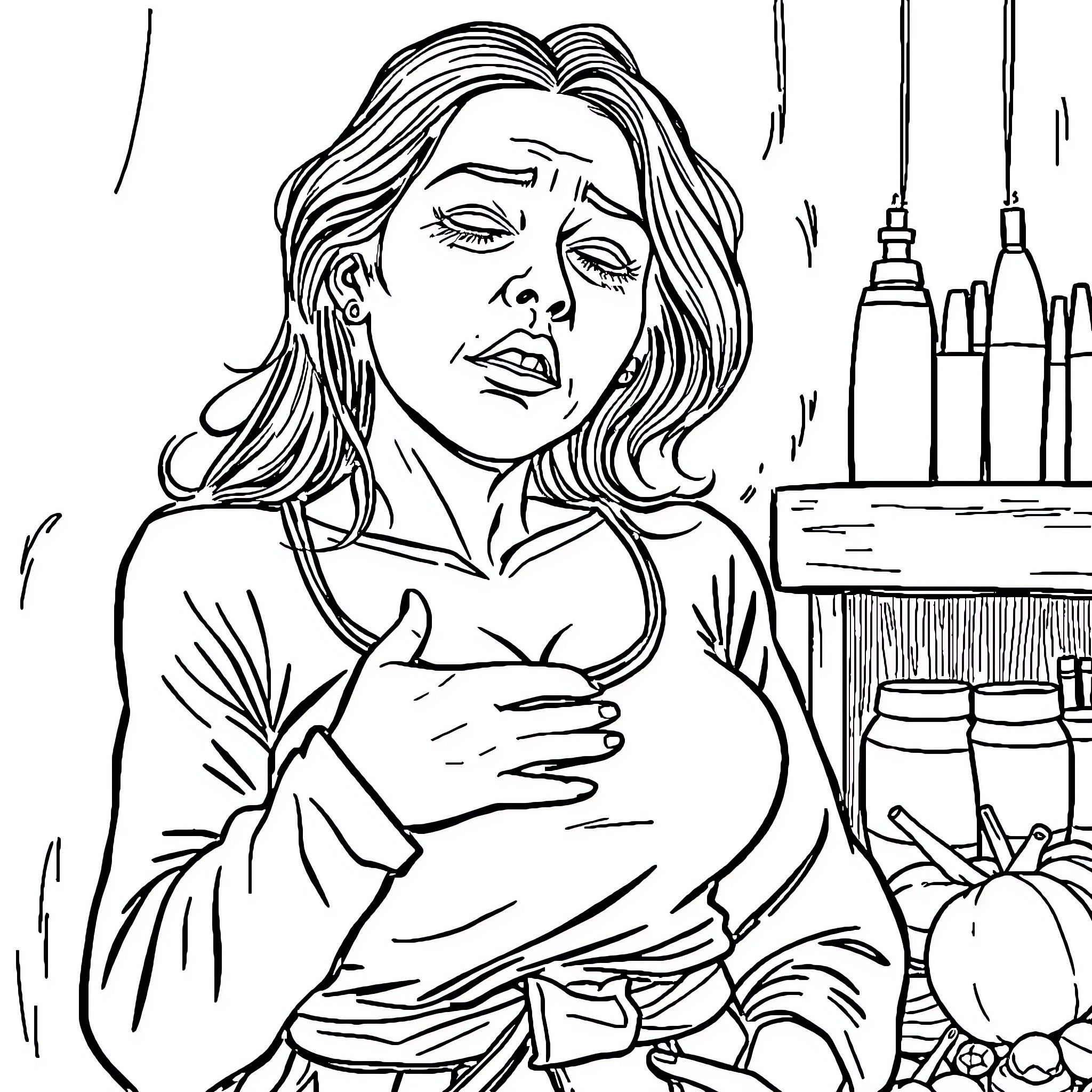 Woman pondering in a minimalist interior setting Coloring Page (free black-and-white line drawing printable PDF for all, from beginners to advanced learners, including children, teens, adults, and seniors)