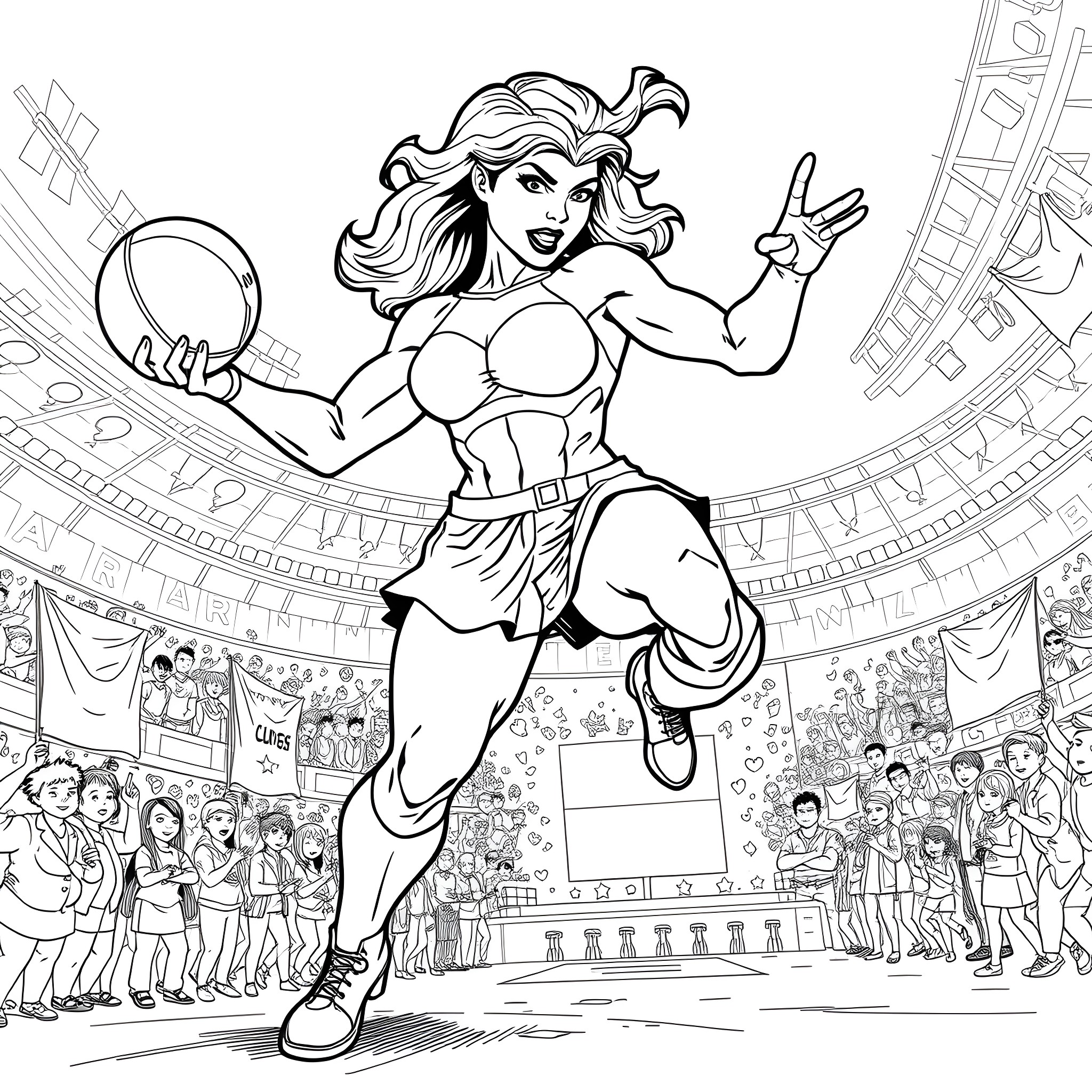 She-Hulk Entertaining the Crowd with Acrobatic Moves Coloring Page (free black-and-white line drawing printable PDF for all, from beginners to advanced learners, including children, teens, adults, and seniors)
