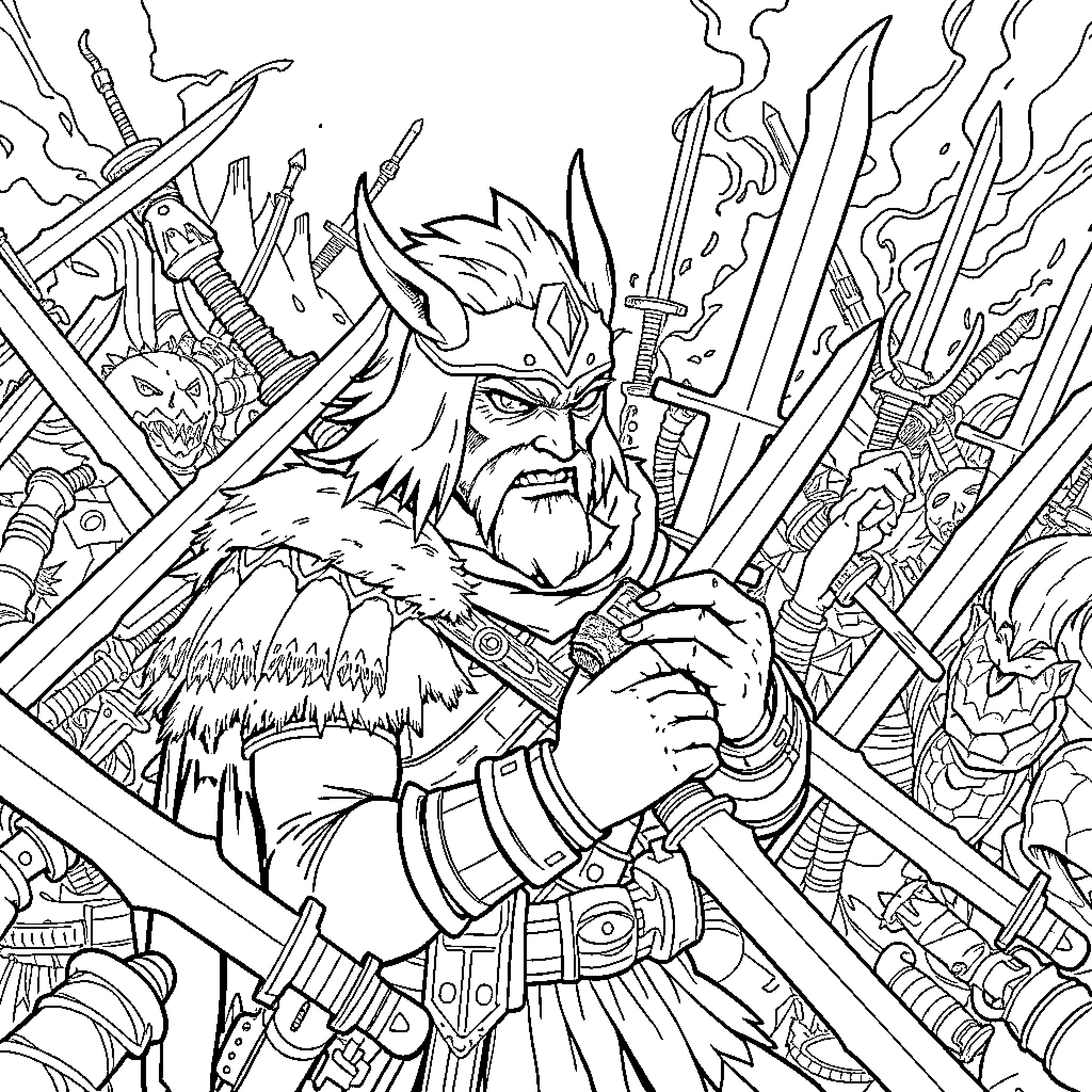 Huntrix: Fierce Warrior Amid Chaos and Weaponry Coloring Page (free black-and-white line drawing printable PDF for all, from beginners to advanced learners, including children, teens, adults, and seniors)