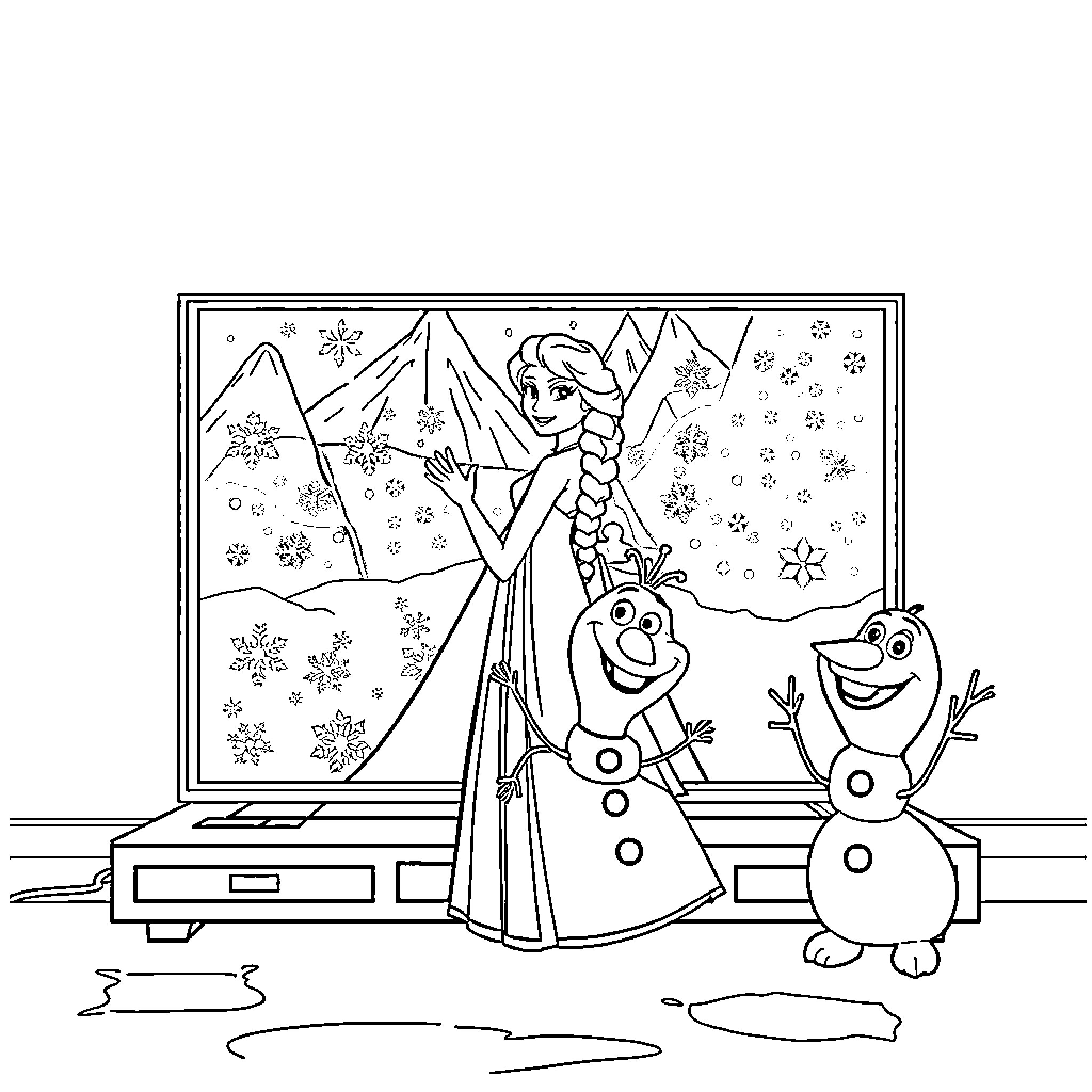 Frozen Characters in Winter Wonderland Coloring Page (free black-and-white line drawing printable PDF for all, from beginners to advanced learners, including children, teens, adults, and seniors)