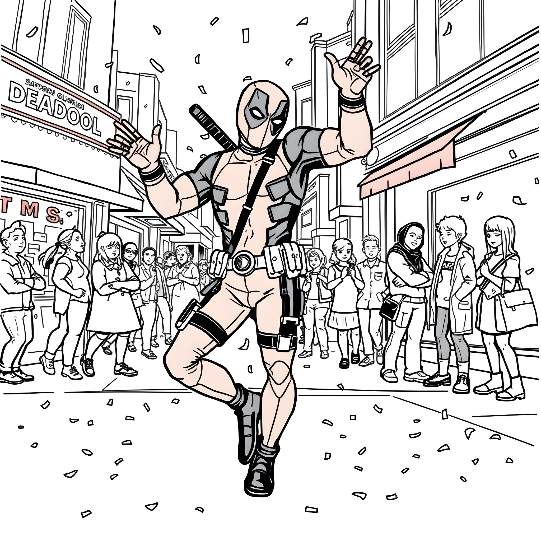 Deadpool's Chaotic Antics in a Lively City Scene Coloring Page (free black-and-white line drawing printable PDF for all, from beginners to advanced learners, including children, teens, adults, and seniors)