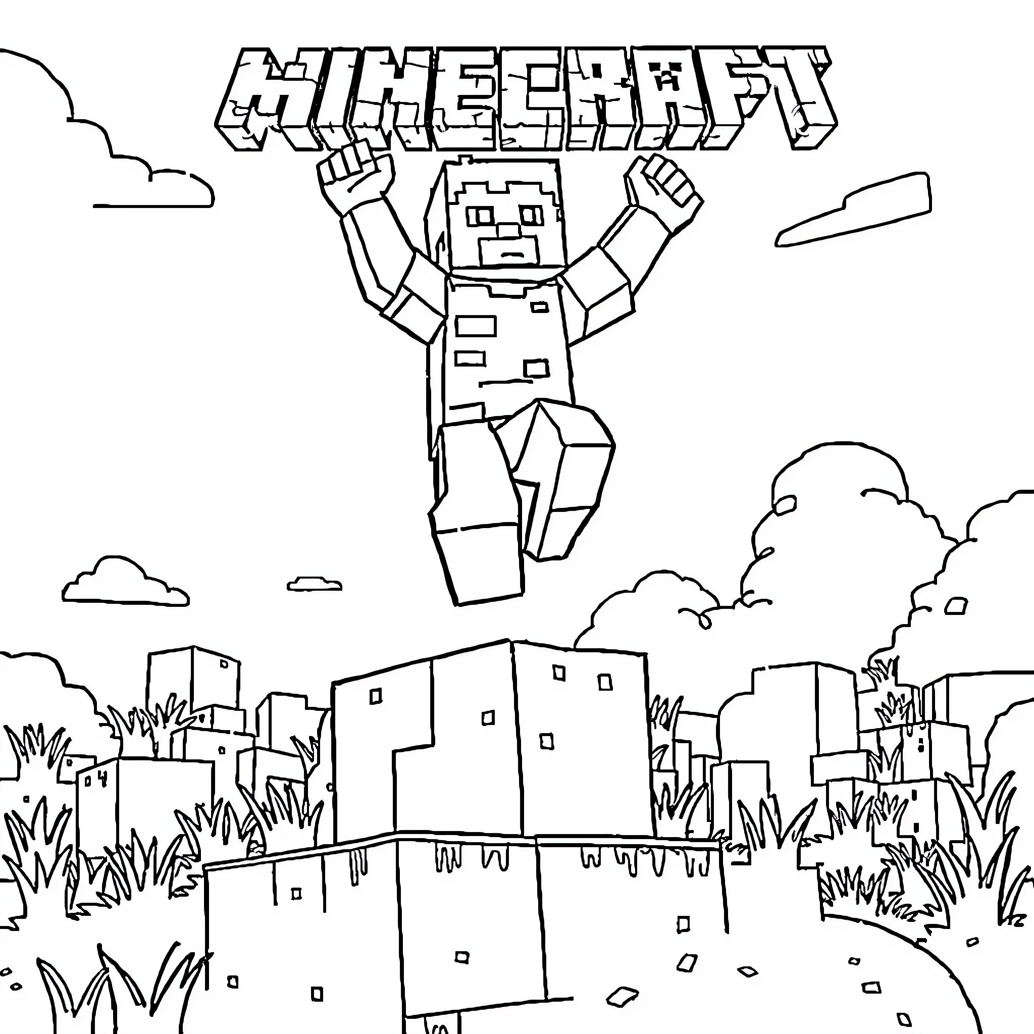 Steve exploring the Minecraft world Coloring Page (free black-and-white line drawing printable PDF for all, from beginners to advanced learners, including children, teens, adults, and seniors)