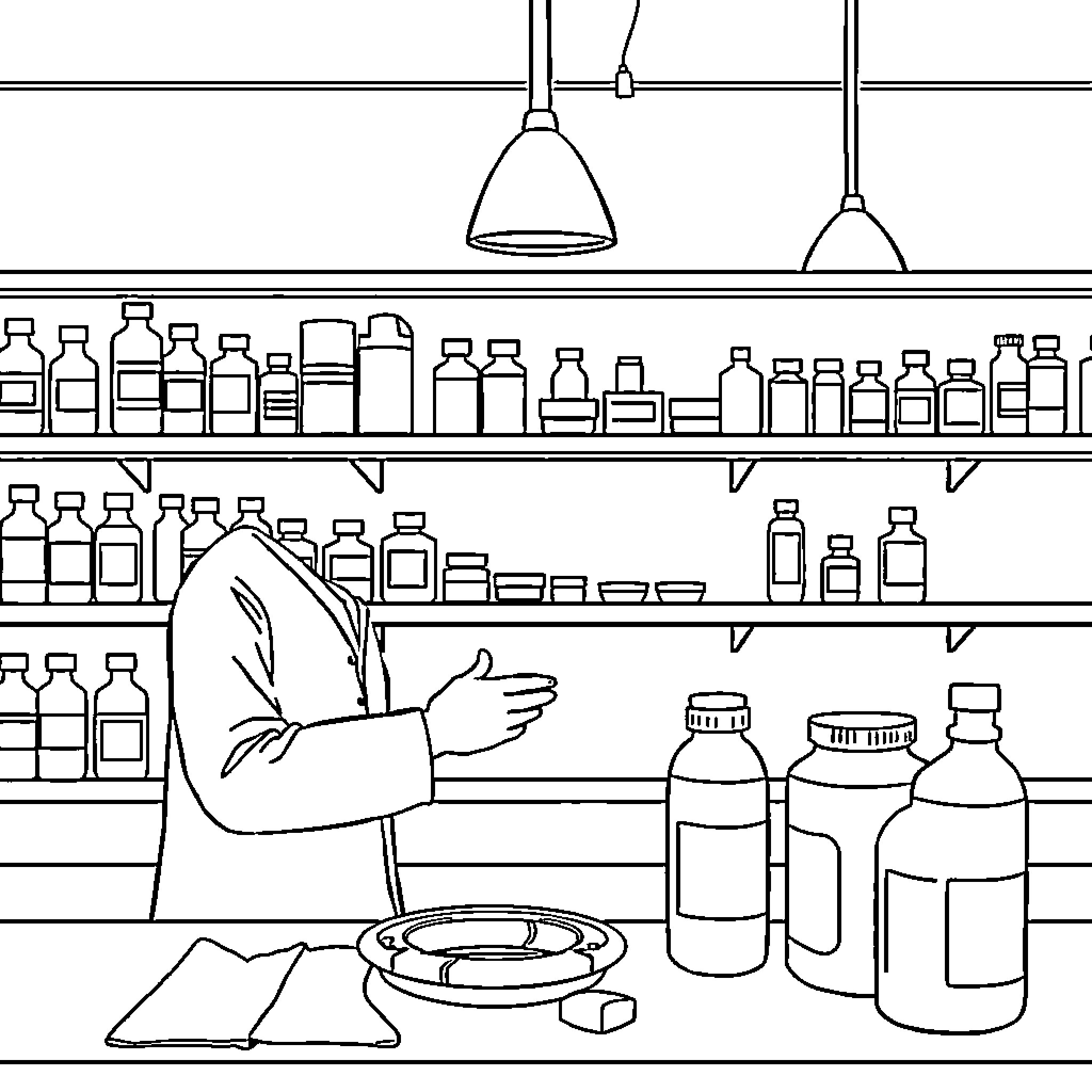 Pharmacy Technician at Work in Pharmaceutical Store Coloring Page (free black-and-white line drawing printable PDF for all, from beginners to advanced learners, including children, teens, adults, and seniors)