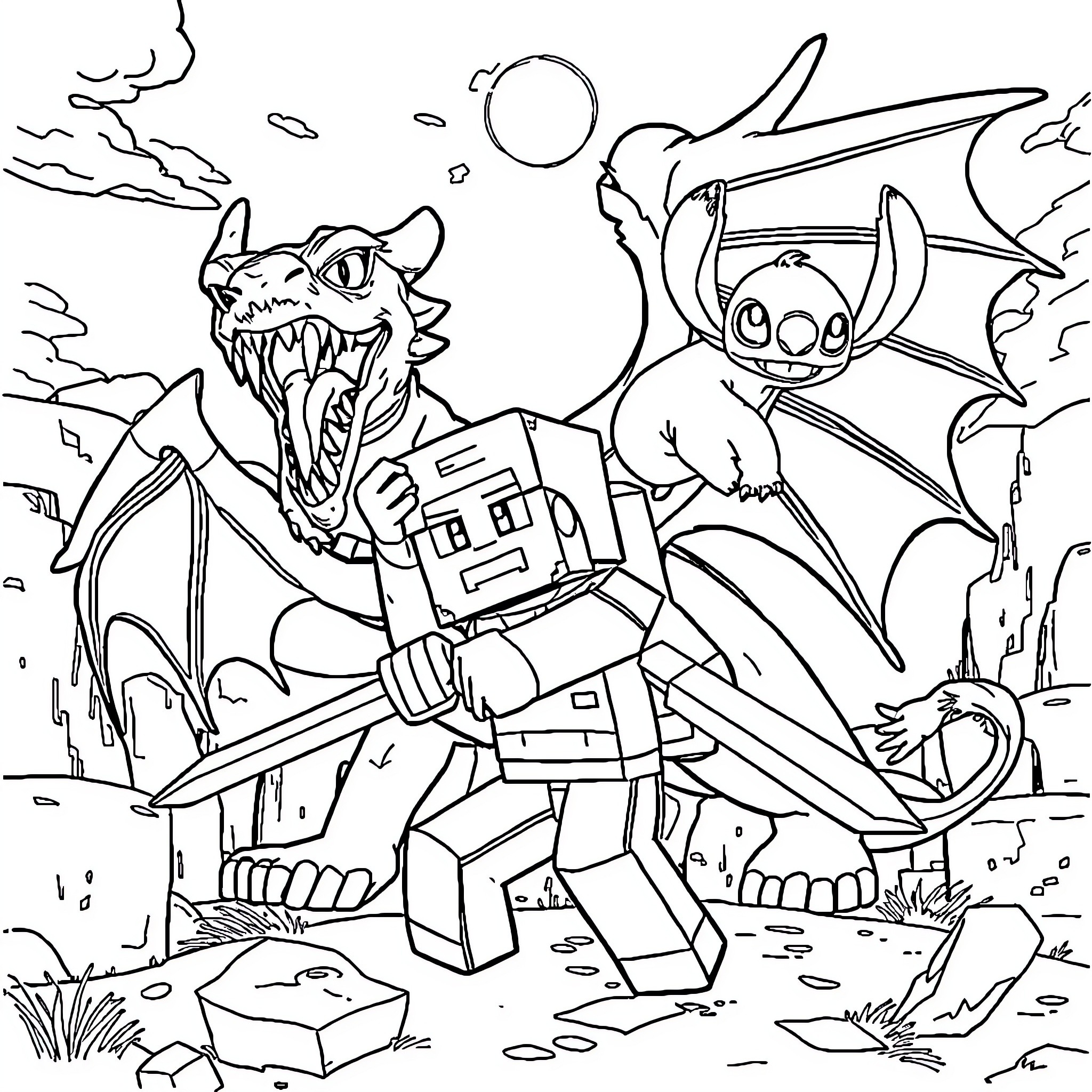 Steve's Fearsome Mythical Creature Adventure Coloring Page (free black-and-white line drawing printable PDF for all, from beginners to advanced learners, including children, teens, adults, and seniors)