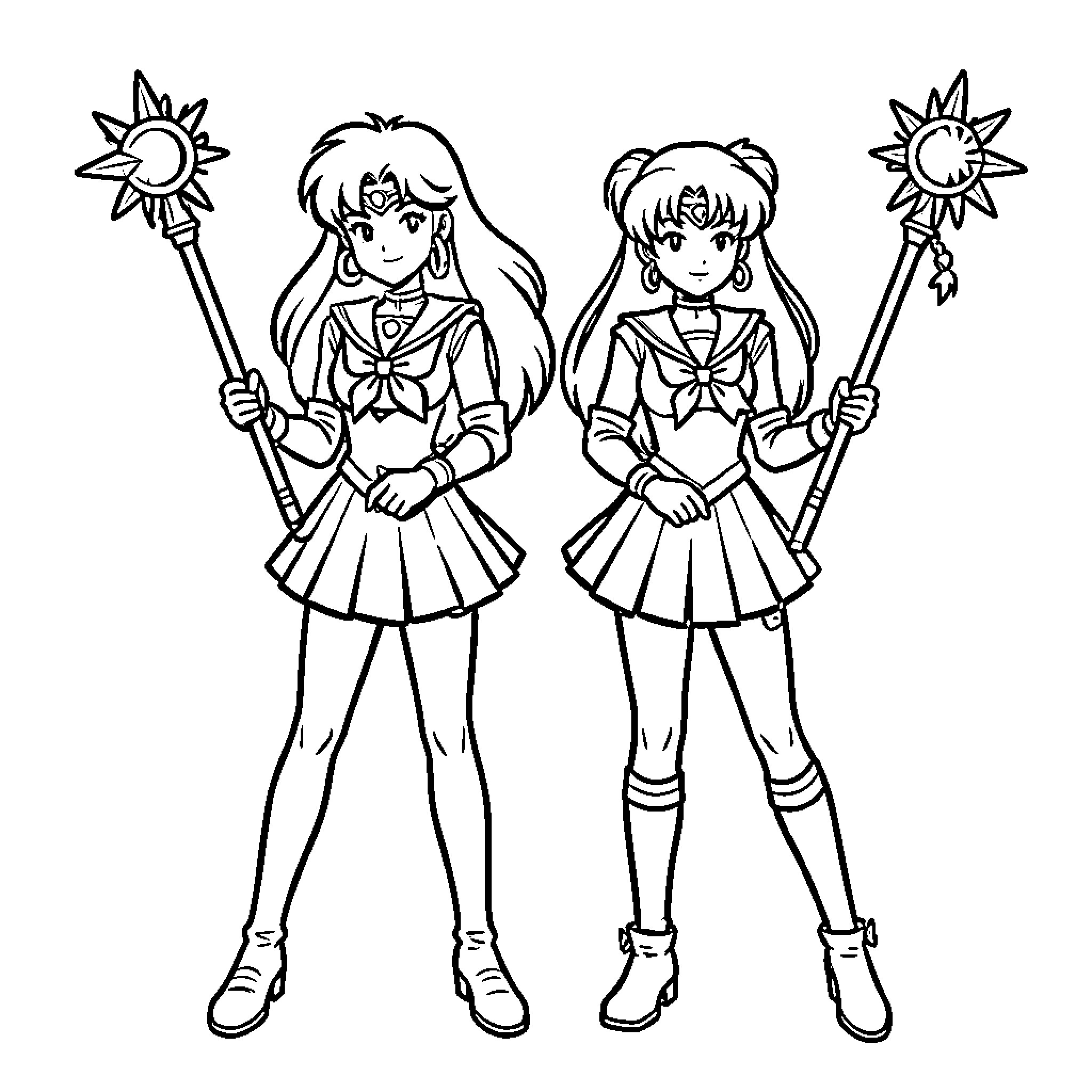 Sailor Jupiter and Sailor Moon holding magical wands Coloring Page (free black-and-white line drawing printable PDF for all, from beginners to advanced learners, including children, teens, adults, and seniors)