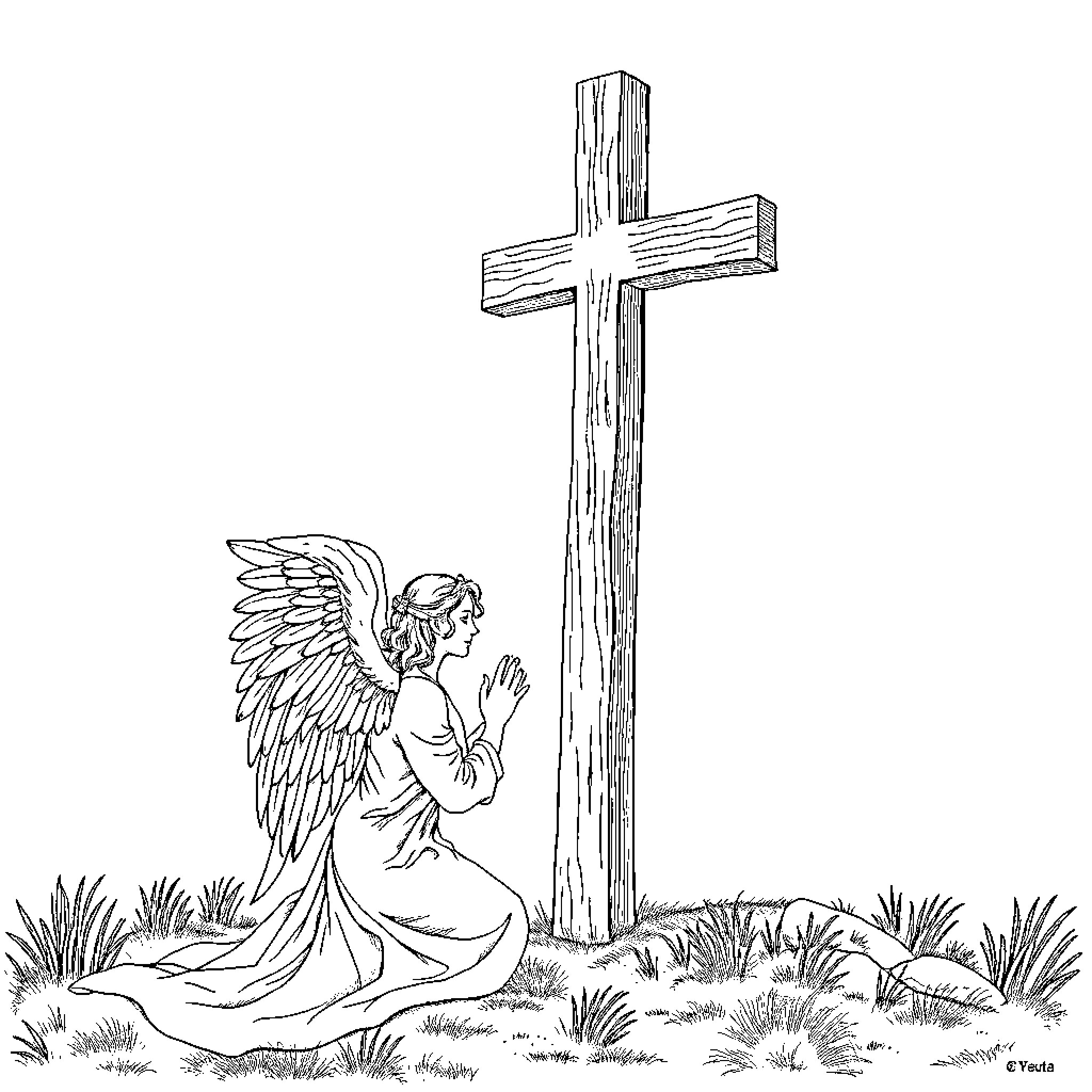 Angel Kneeling Before the Cross Coloring Page (free black-and-white line drawing printable PDF for all, from beginners to advanced learners, including children, teens, adults, and seniors)
