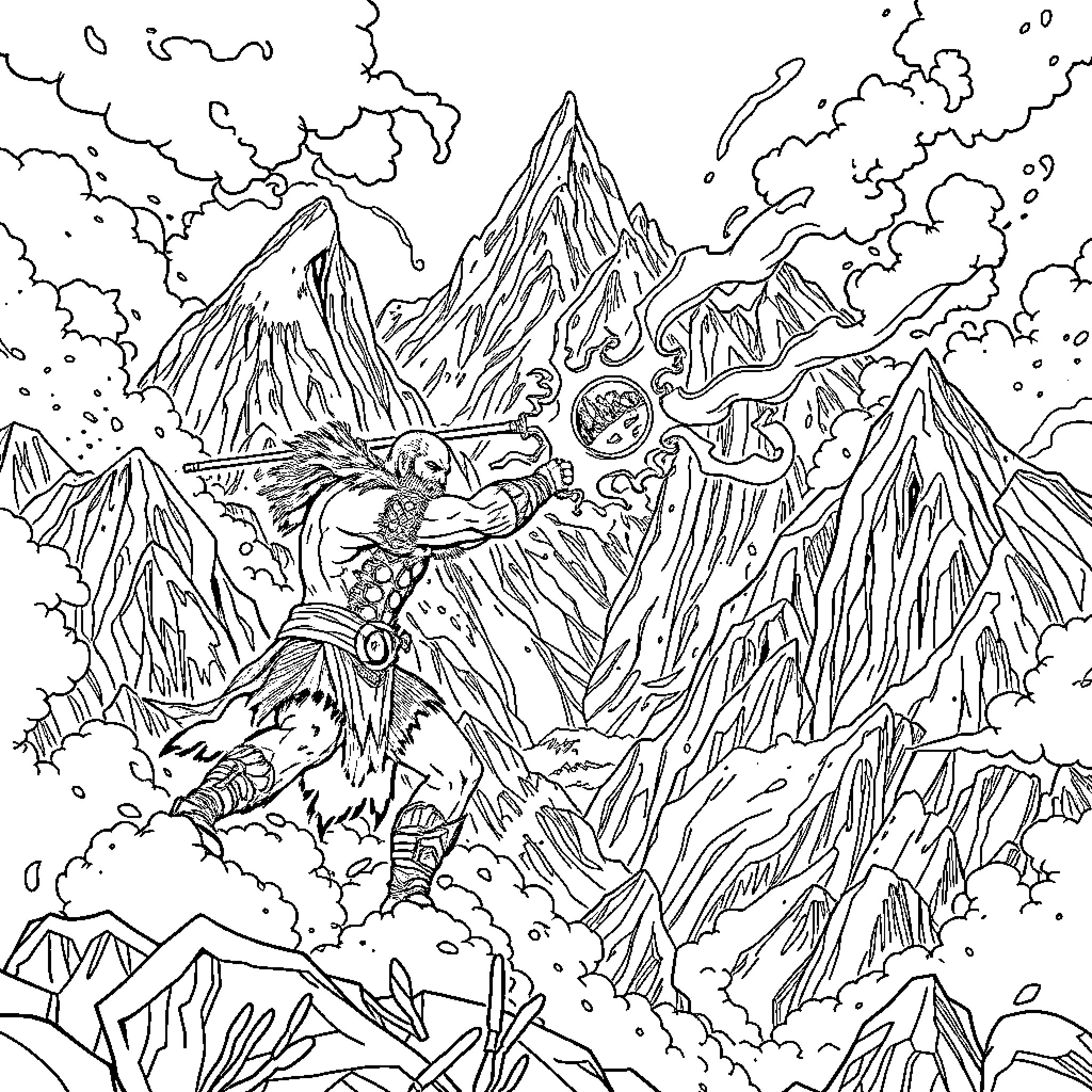 Kratos in Epic Mountain Landscape Battle Coloring Page (free black-and-white line drawing printable PDF for all, from beginners to advanced learners, including children, teens, adults, and seniors)