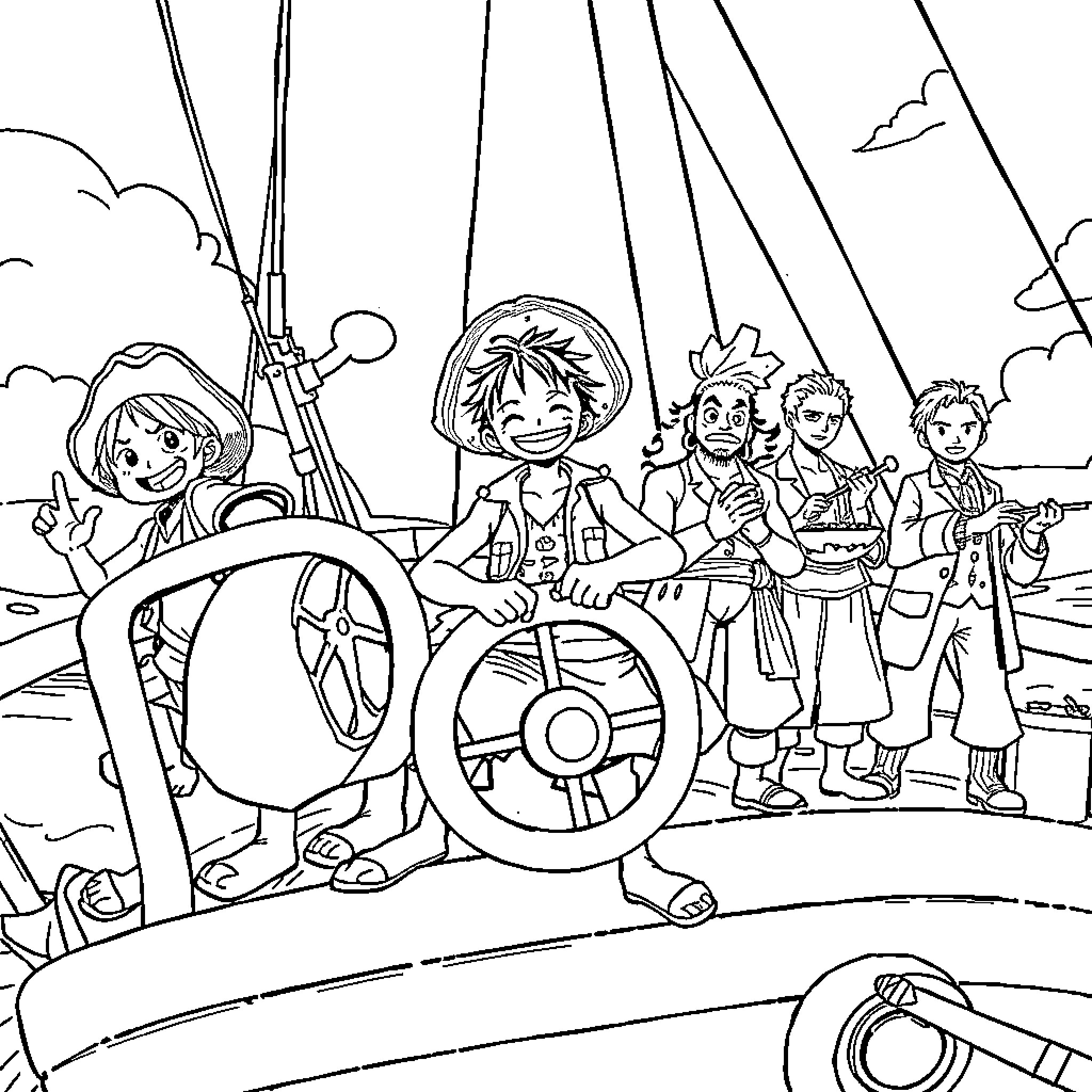 Bateau family sailing adventure with expressions Coloring Page (free black-and-white line drawing printable PDF for all, from beginners to advanced learners, including children, teens, adults, and seniors)
