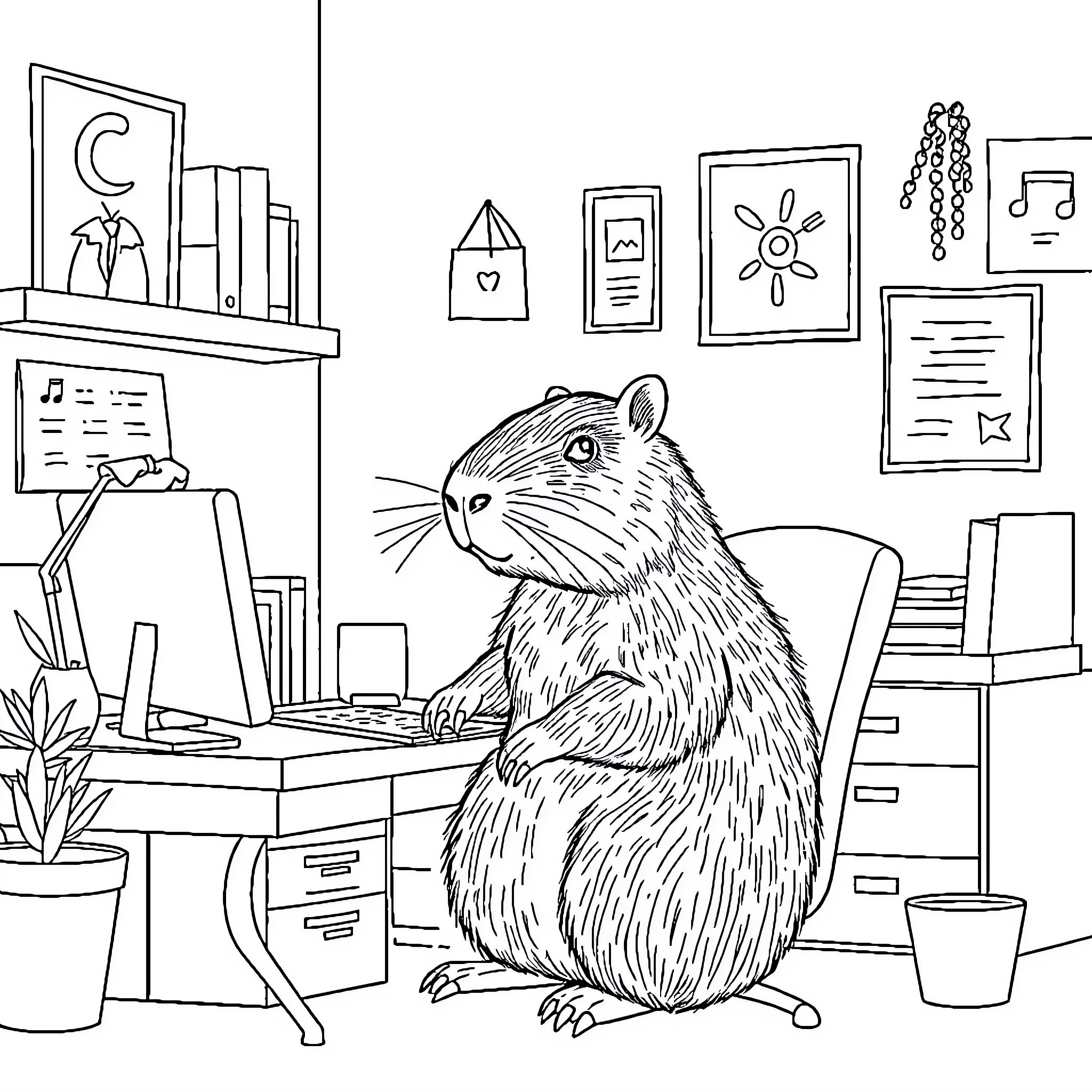 Capybara working diligently at computer desk Coloring Page (free black-and-white line drawing printable PDF for all, from beginners to advanced learners, including children, teens, adults, and seniors)