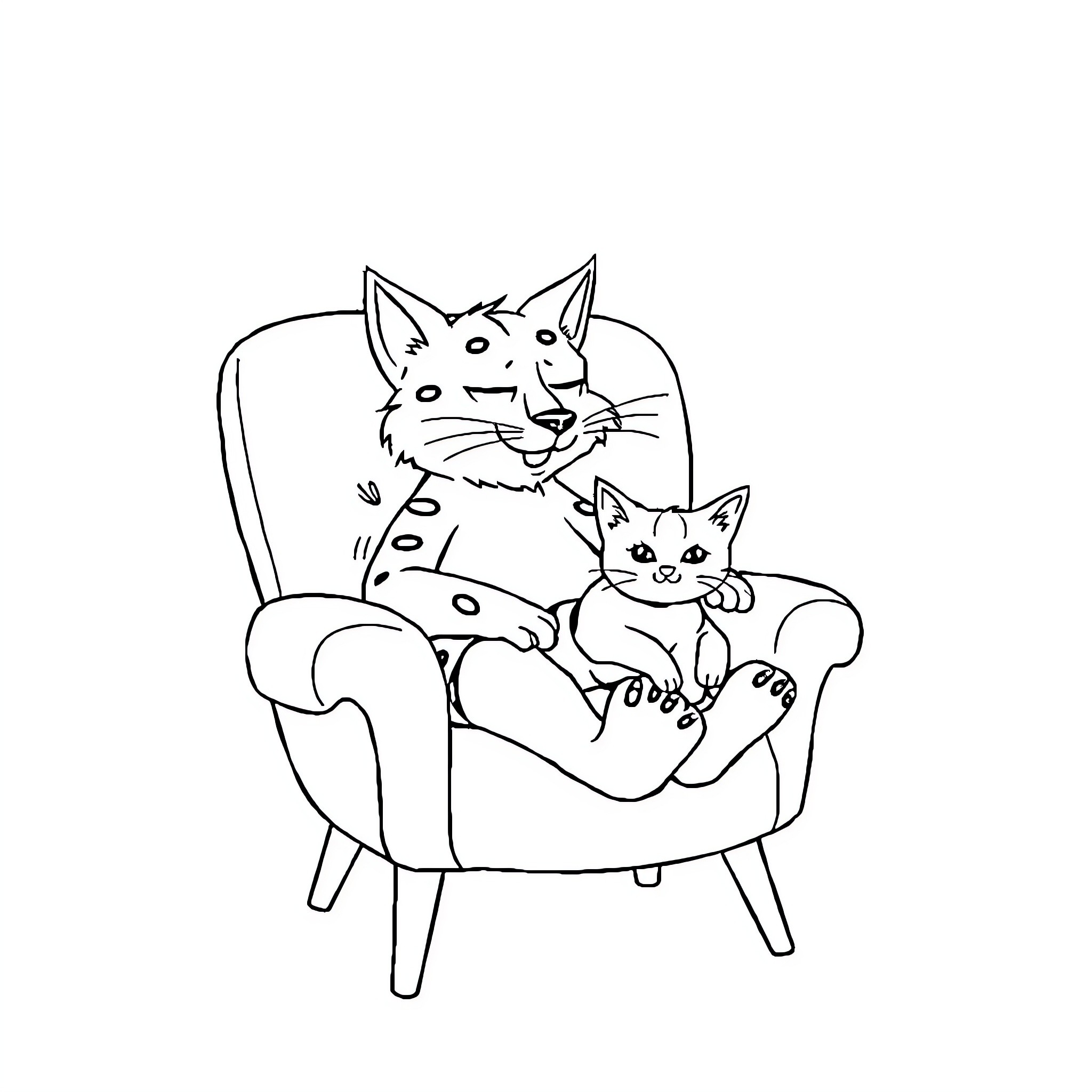 Lalo and his kitten relaxing in the chair Coloring Page (free black-and-white line drawing printable PDF for all, from beginners to advanced learners, including children, teens, adults, and seniors)