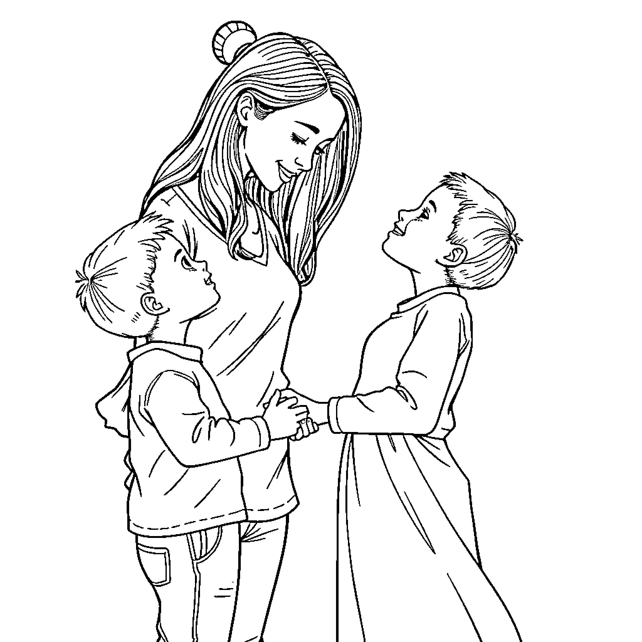 Mother comforting and embracing her children Coloring Page (free black-and-white line drawing printable PDF for all, from beginners to advanced learners, including children, teens, adults, and seniors)