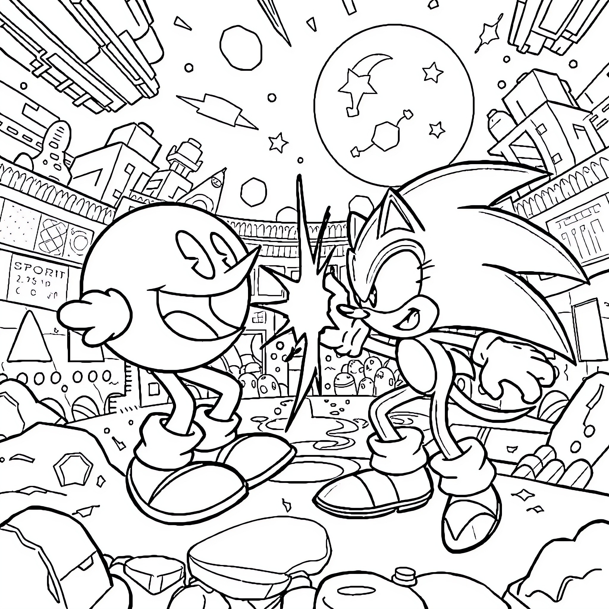 Pacman characters in an abstract and playful scene Coloring Page (free black-and-white line drawing printable PDF for all, from beginners to advanced learners, including children, teens, adults, and seniors)