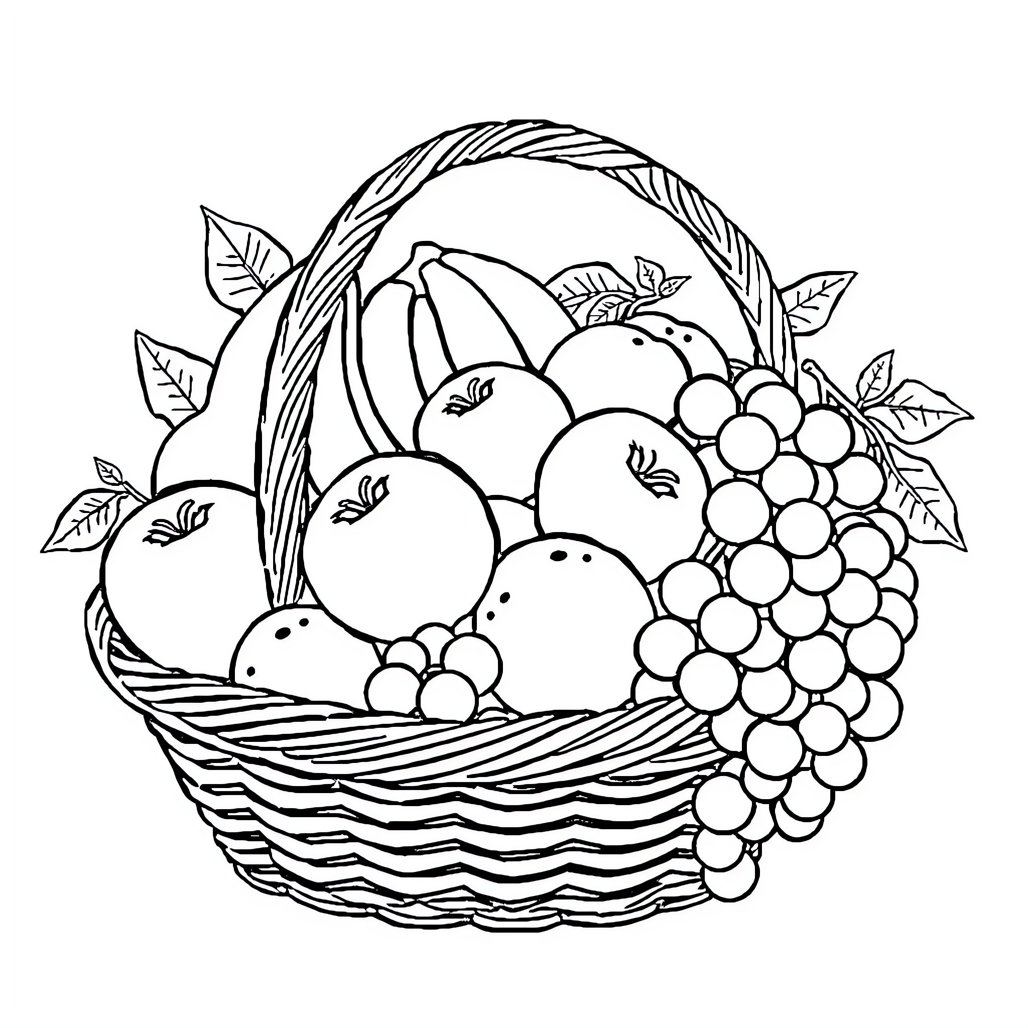 Fruit Basket with Assorted Produce Coloring Page (free black-and-white line drawing printable PDF for all, from beginners to advanced learners, including children, teens, adults, and seniors)