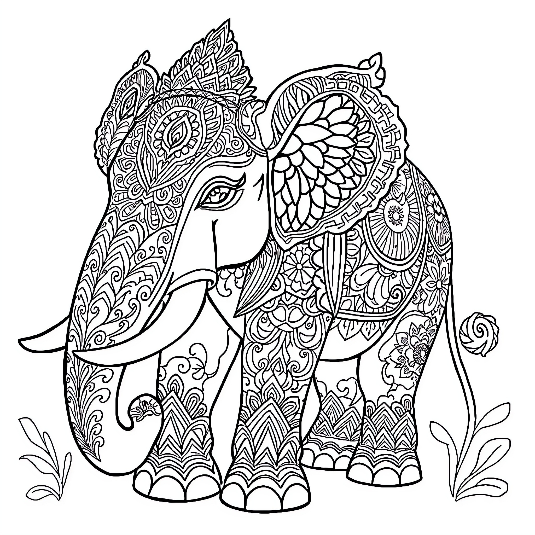 Elephant adorned in intricate floral patterns Coloring Page (free black-and-white line drawing printable PDF for all, from beginners to advanced learners, including children, teens, adults, and seniors)