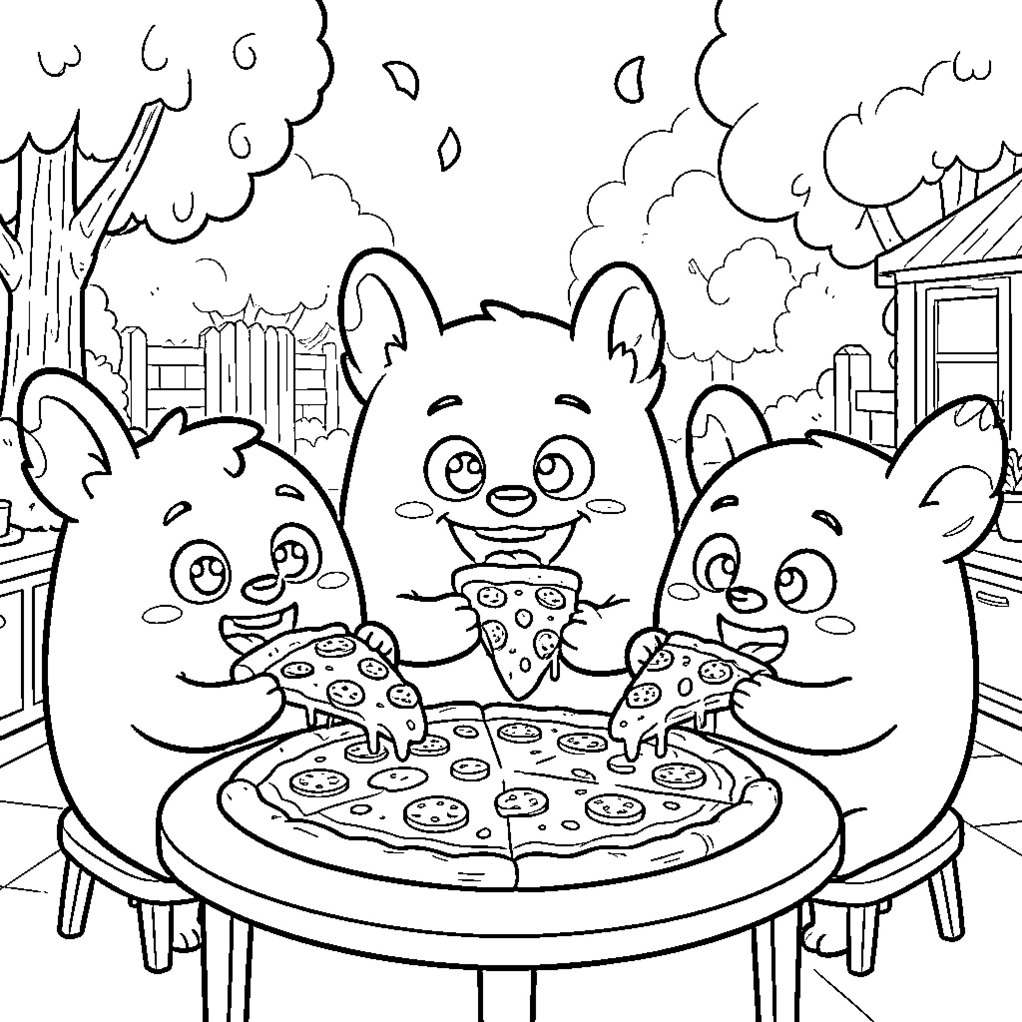 Singing Monster friends enjoying pizza at an outdoor table Coloring Page (free black-and-white line drawing printable PDF for all, from beginners to advanced learners, including children, teens, adults, and seniors)