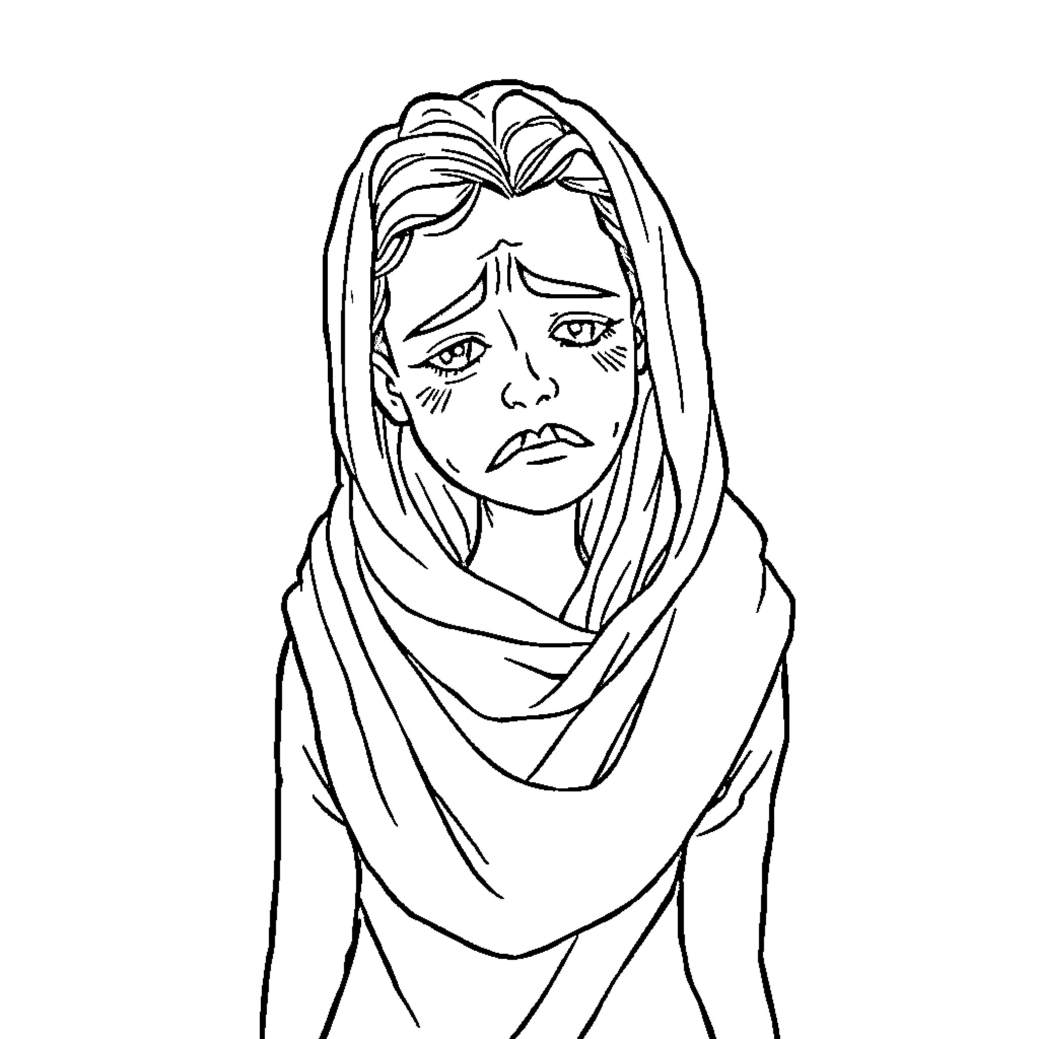 Depression: Sorrowful woman in hooded cloak Coloring Page (free black-and-white line drawing printable PDF for all, from beginners to advanced learners, including children, teens, adults, and seniors)
