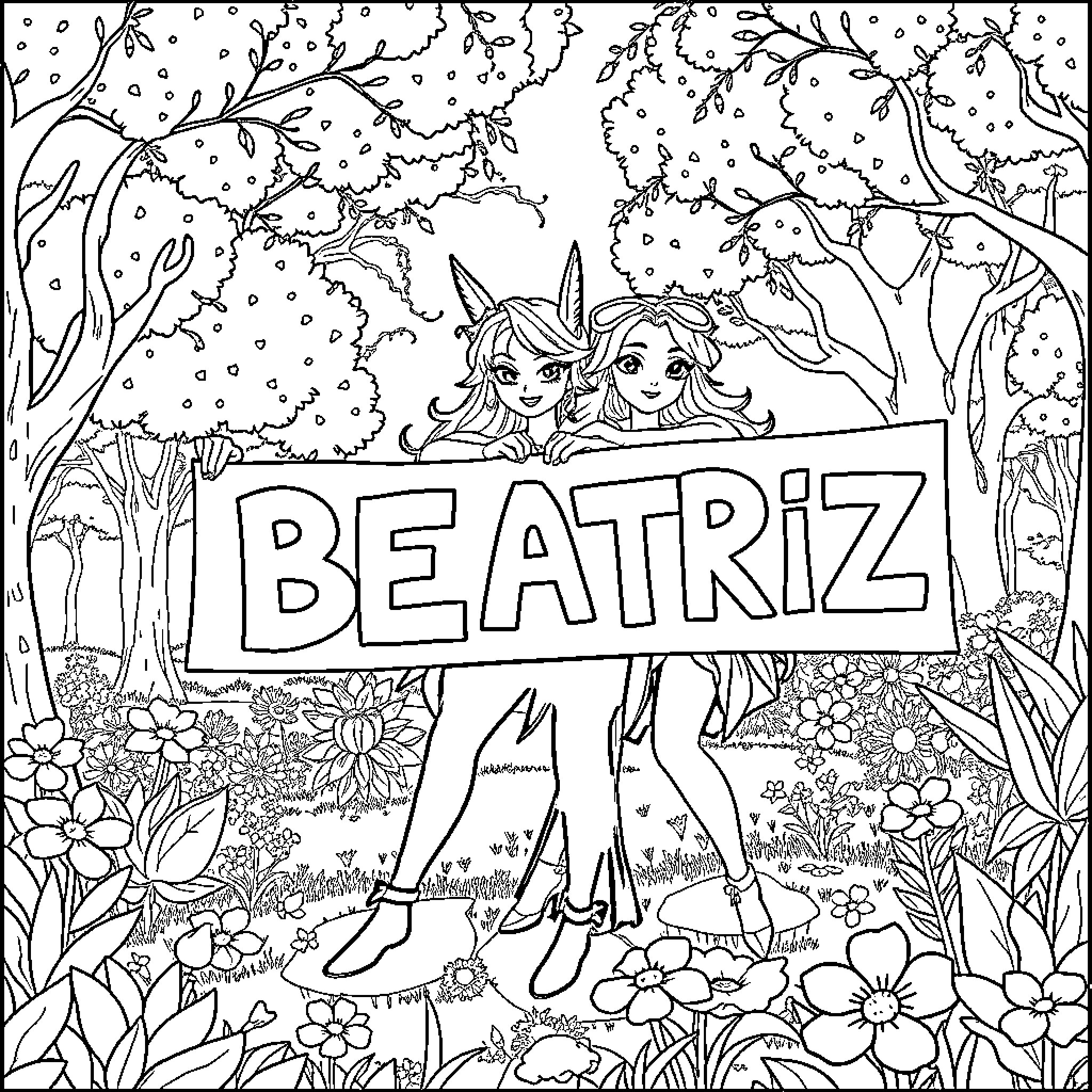 Huntrix Beatriz Fairies Holding Nameplate in Flowery Forest Coloring Page (free black-and-white line drawing printable PDF for all, from beginners to advanced learners, including children, teens, adults, and seniors)