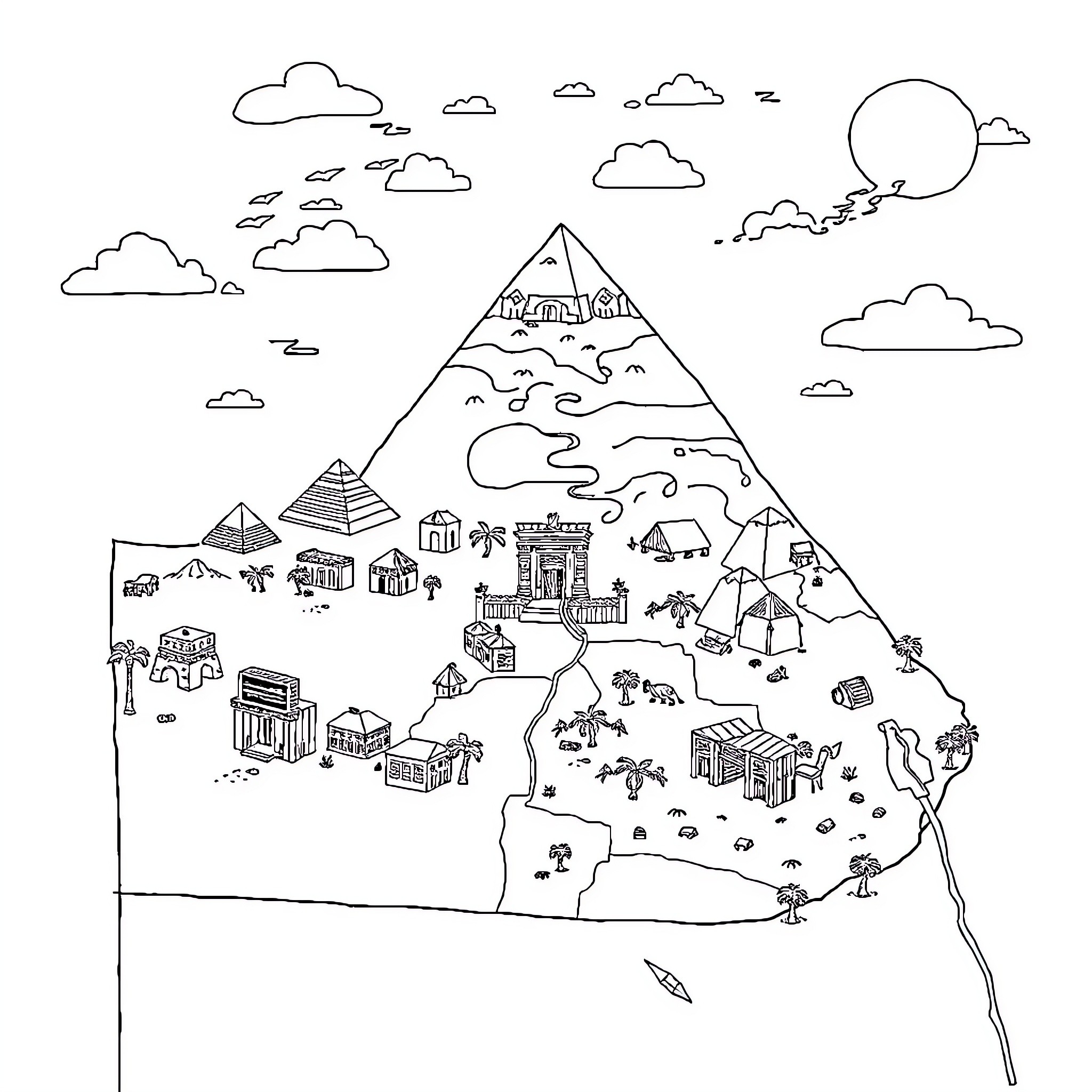 Map of Whimsical Landscape with Diverse Structures Coloring Page (free black-and-white line drawing printable PDF for all, from beginners to advanced learners, including children, teens, adults, and seniors)
