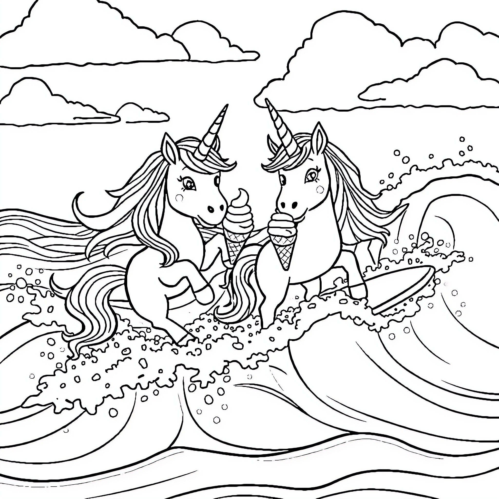 Unicorn friends playing on the beach Coloring Page (free black-and-white line drawing printable PDF for all, from beginners to advanced learners, including children, teens, adults, and seniors)