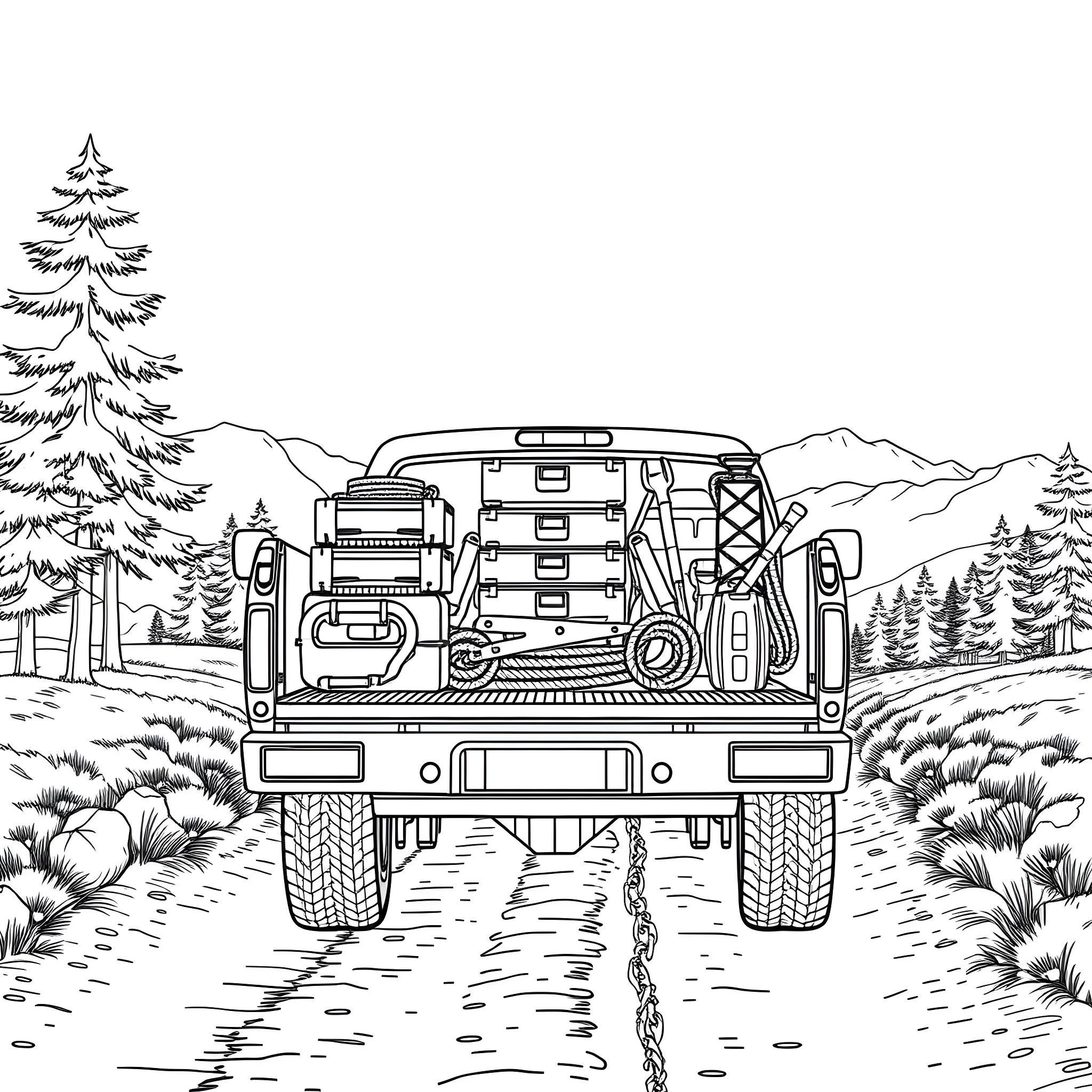 Truck carrying camping gear on mountain road Coloring Page (free black-and-white line drawing printable PDF for all, from beginners to advanced learners, including children, teens, adults, and seniors)