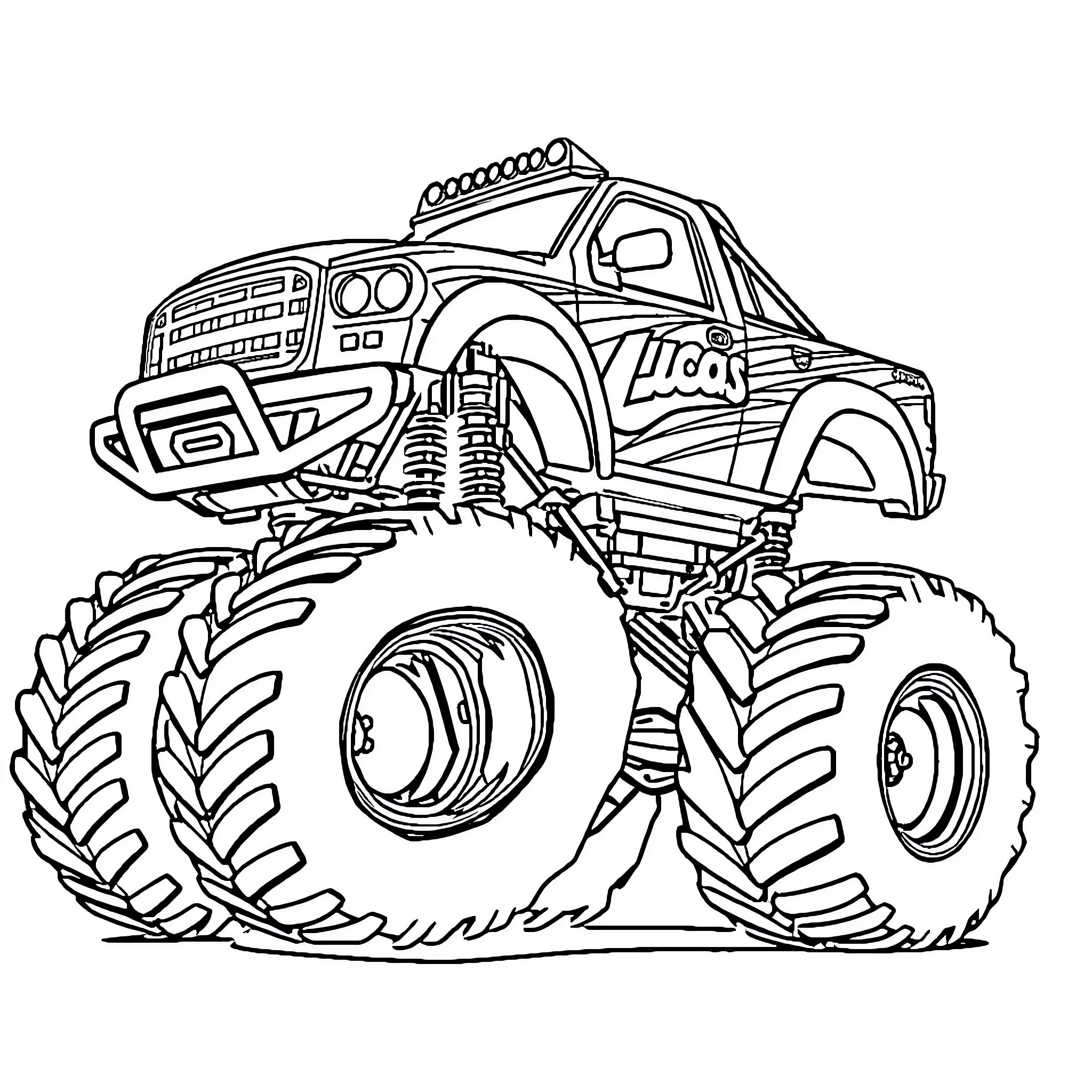 Monster Truck Crushing and Jumping Coloring Page (free black-and-white line drawing printable PDF for all, from beginners to advanced learners, including children, teens, adults, and seniors)