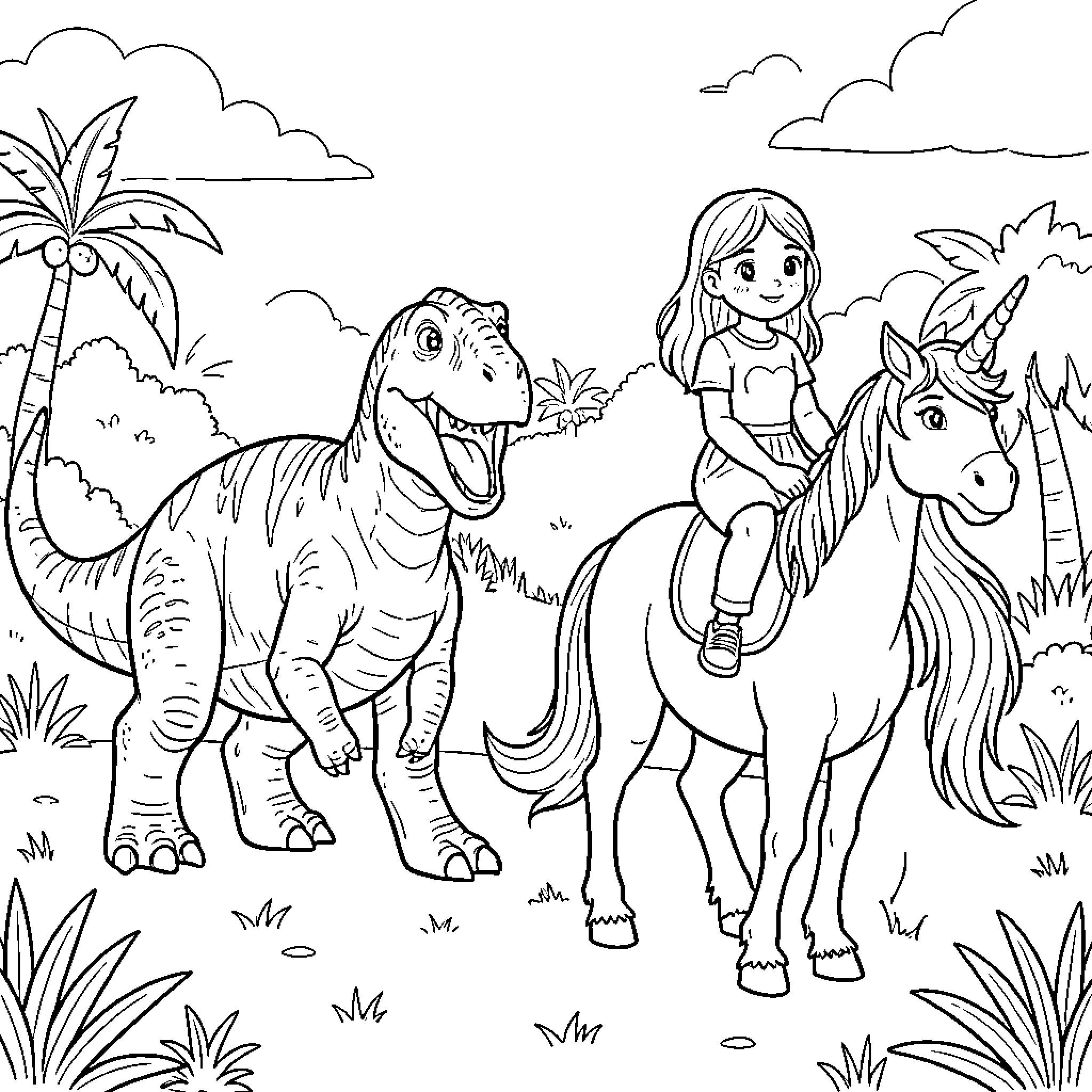Dinosaur smiling while watching a girl riding a unicorn Coloring Page (free black-and-white line drawing printable PDF for all, from beginners to advanced learners, including children, teens, adults, and seniors)