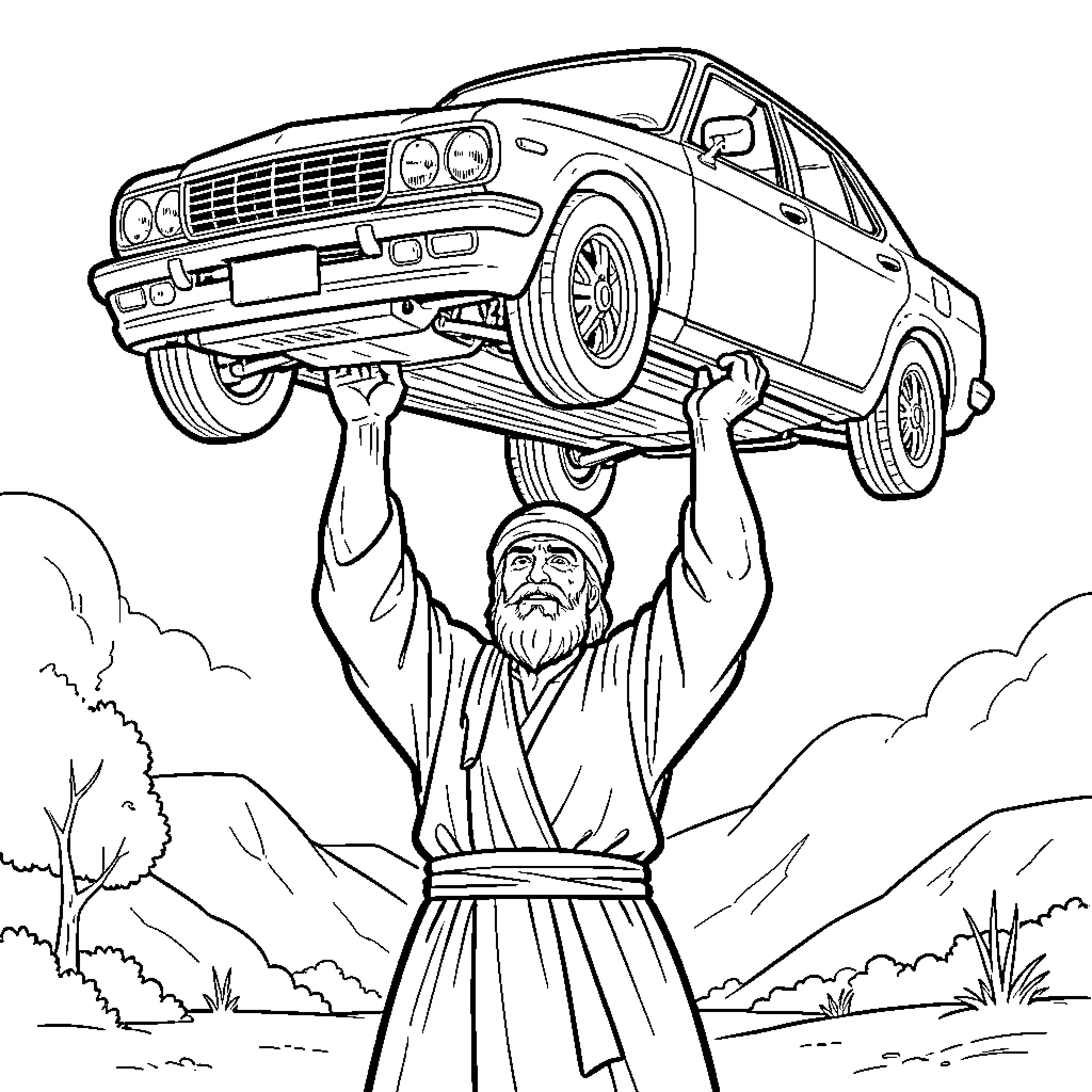 Rabbi Akiva lifting a car above his head Coloring Page (free black-and-white line drawing printable PDF for all, from beginners to advanced learners, including children, teens, adults, and seniors)