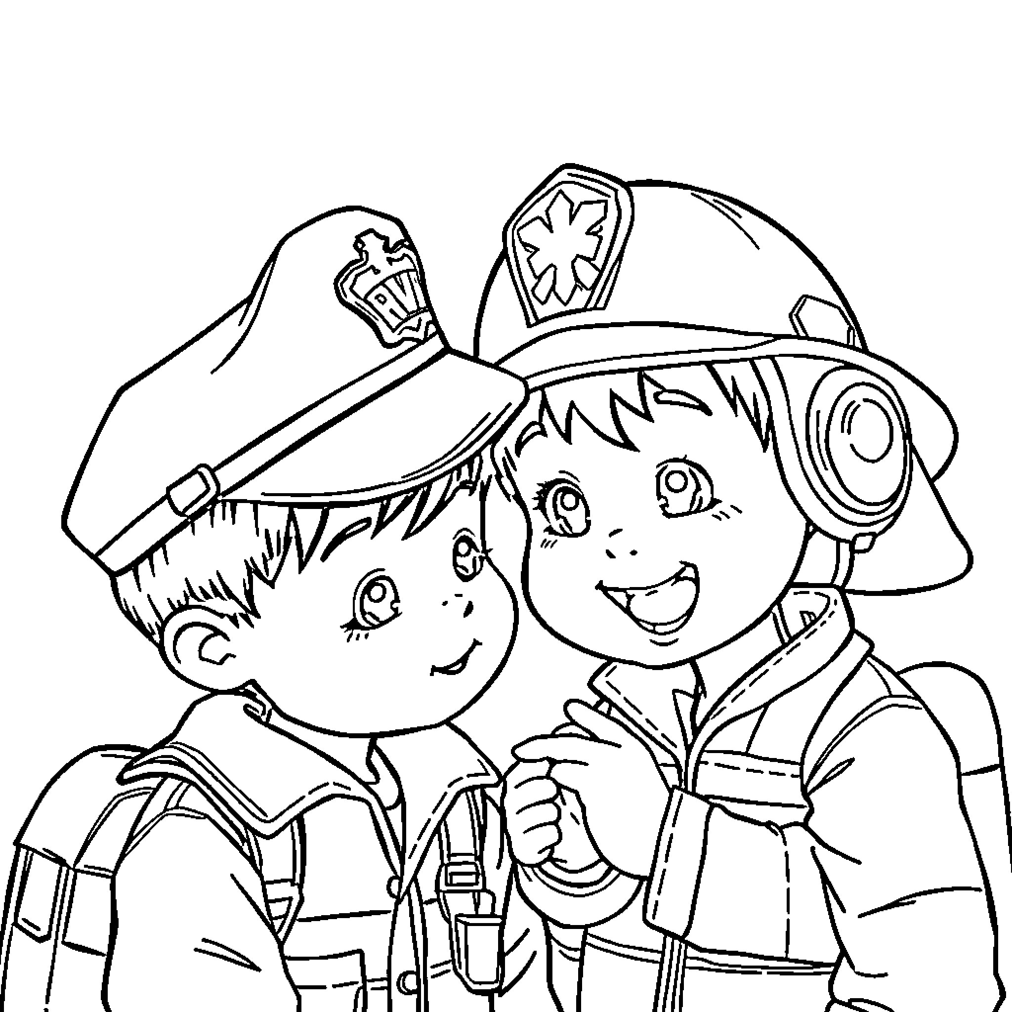 Boy Firefighters Examining Equipment Together Coloring Page (free black-and-white line drawing printable PDF for all, from beginners to advanced learners, including children, teens, adults, and seniors)
