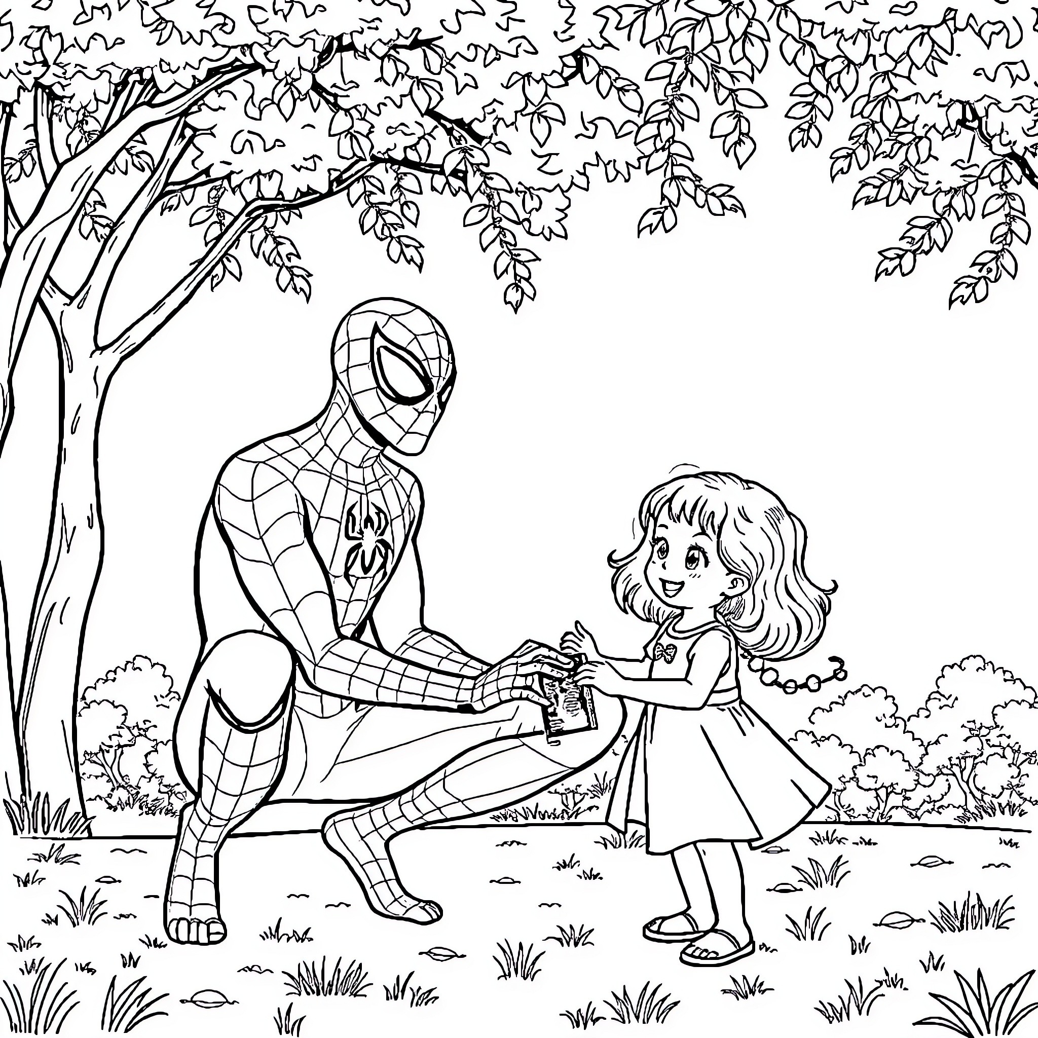 Spiderman helping young girl in the forest Coloring Page (free black-and-white line drawing printable PDF for all, from beginners to advanced learners, including children, teens, adults, and seniors)