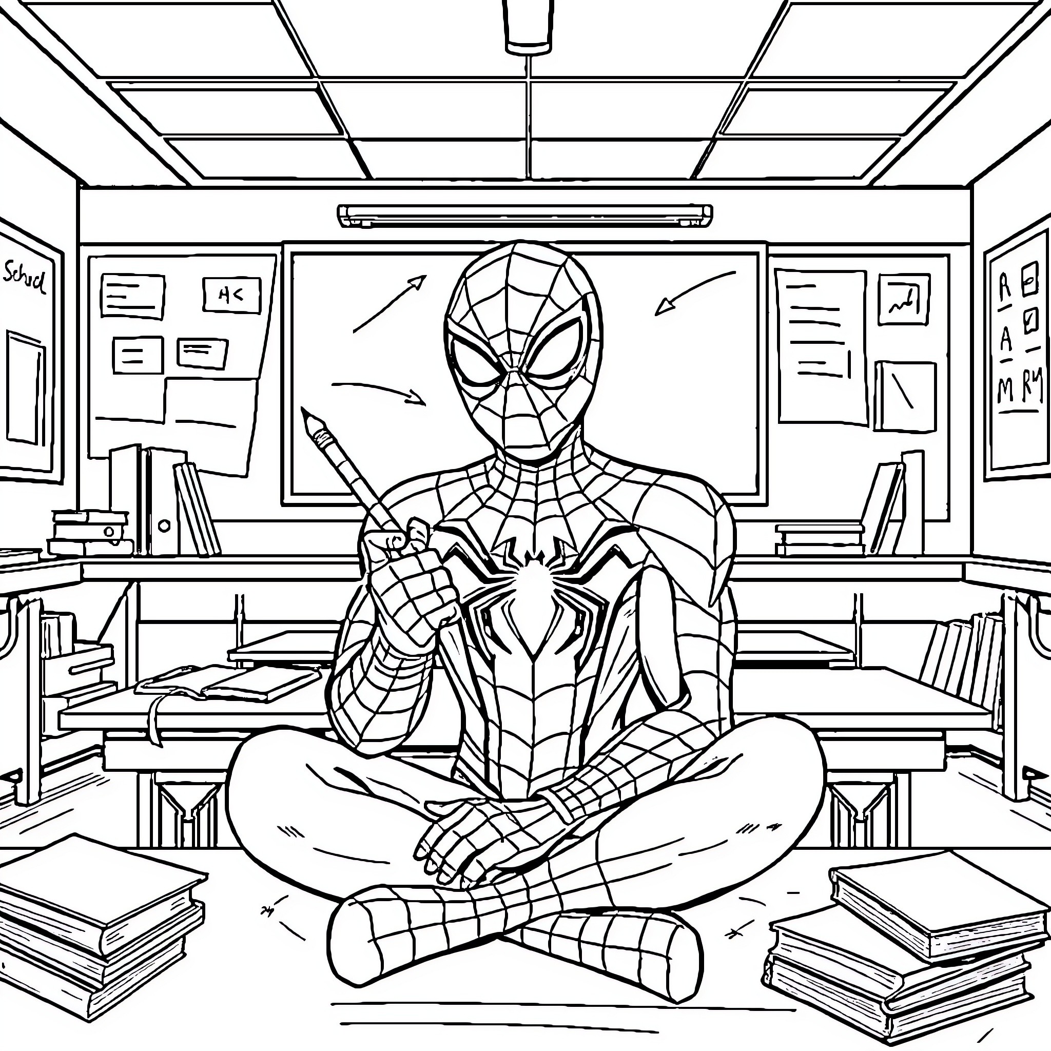 Spider-Man studying in a classroom Coloring Page (free black-and-white line drawing printable PDF for all, from beginners to advanced learners, including children, teens, adults, and seniors)
