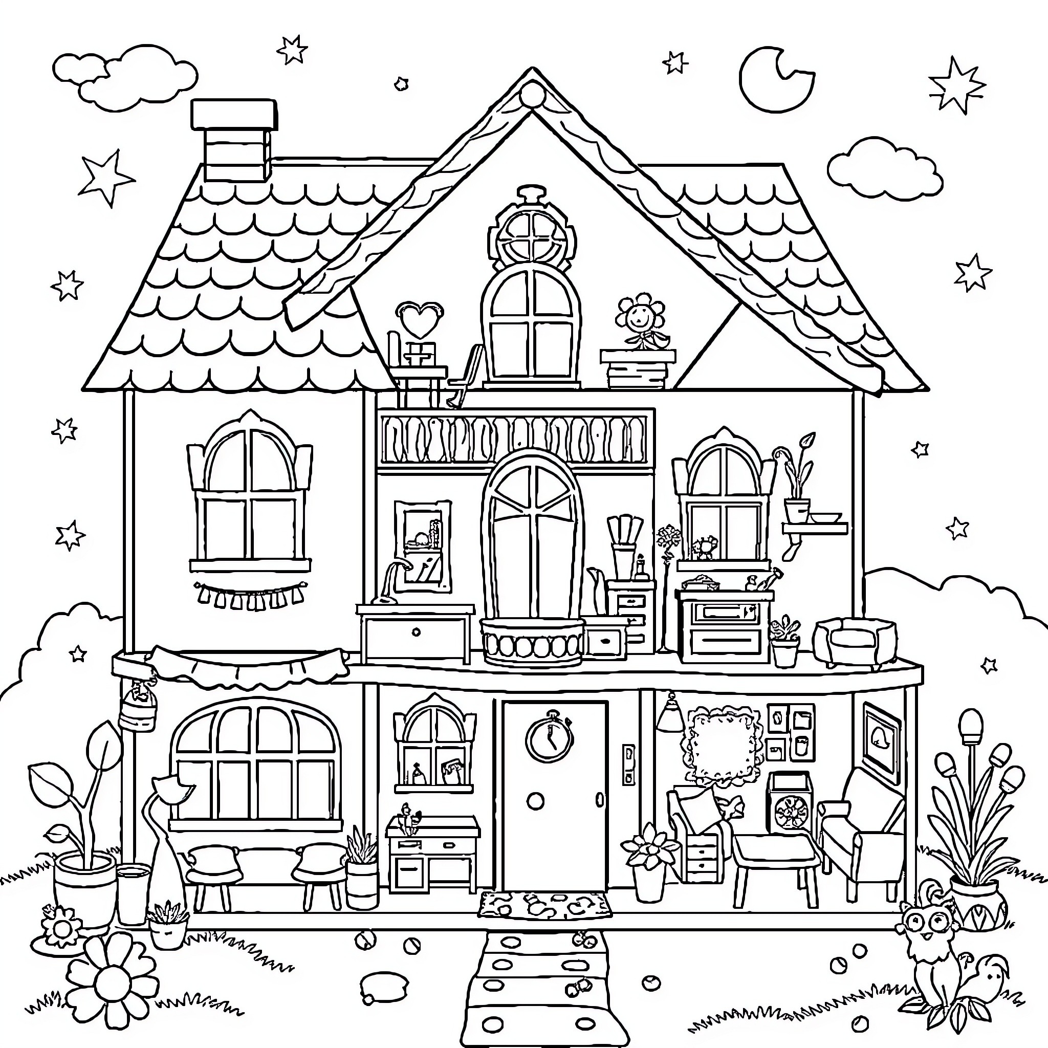 Gabby's Cozy Cottage and Its Charming Decor Coloring Page (free black-and-white line drawing printable PDF for all, from beginners to advanced learners, including children, teens, adults, and seniors)