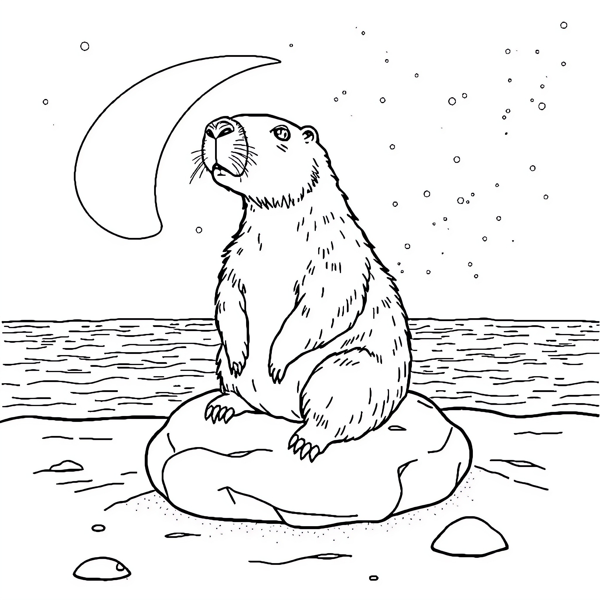 Capybara enjoying the moonlit night Coloring Page (free black-and-white line drawing printable PDF for all, from beginners to advanced learners, including children, teens, adults, and seniors)