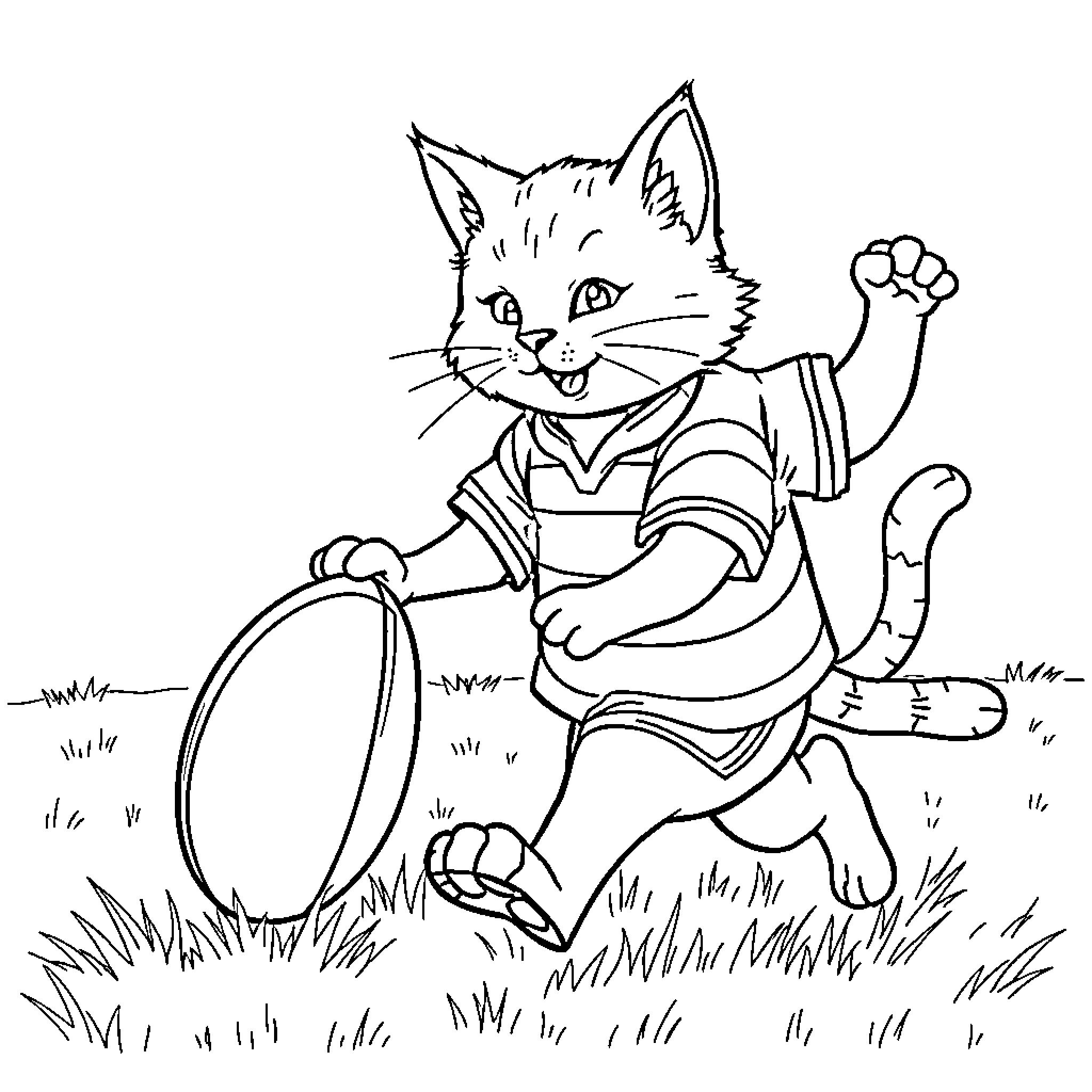 Cat with Hoop Playing in the Grass Coloring Page (free black-and-white line drawing printable PDF for all, from beginners to advanced learners, including children, teens, adults, and seniors)