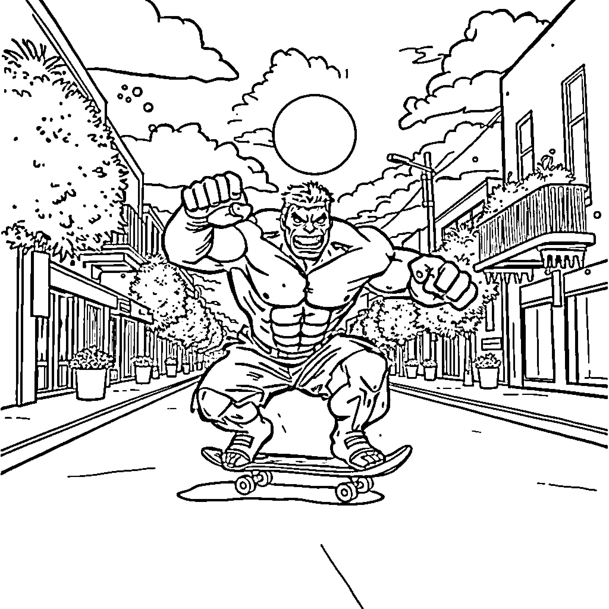 Hulk riding a skateboard through the city Coloring Page (free black-and-white line drawing printable PDF for all, from beginners to advanced learners, including children, teens, adults, and seniors)