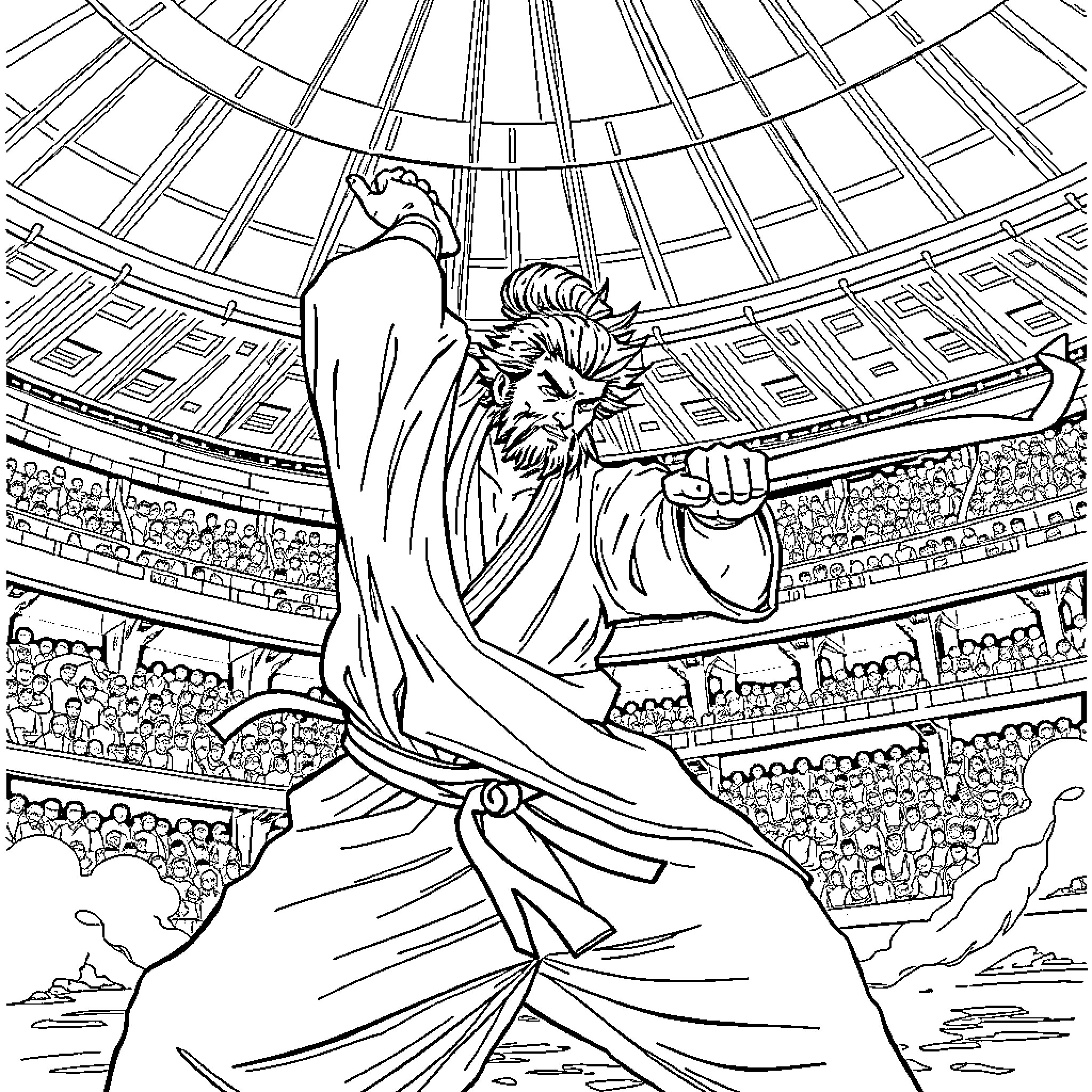 Gojo wielding powerful abilities in a dramatic arena Coloring Page (free black-and-white line drawing printable PDF for all, from beginners to advanced learners, including children, teens, adults, and seniors)