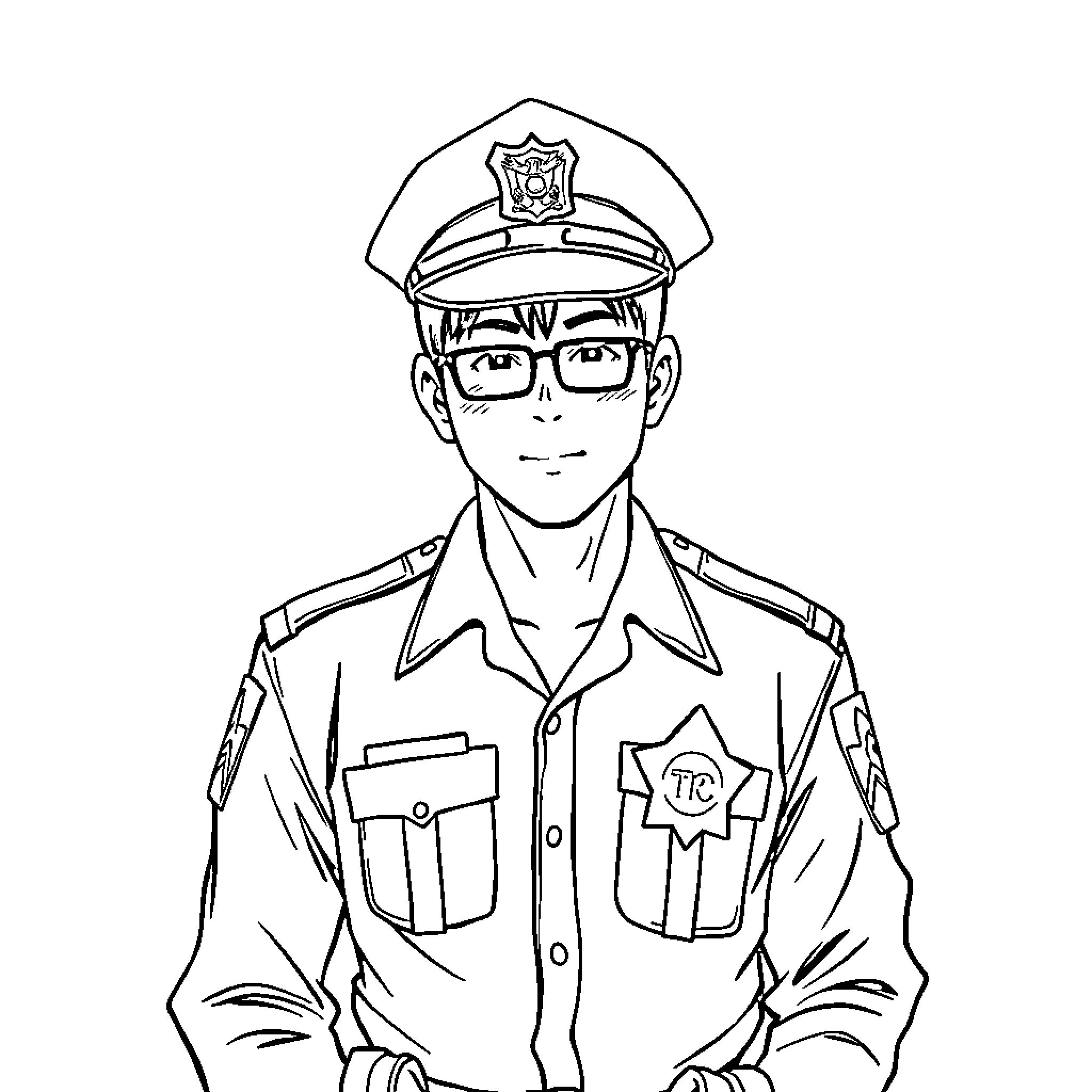 Ohtani in Police Uniform Smiling Coloring Page (free black-and-white line drawing printable PDF for all, from beginners to advanced learners, including children, teens, adults, and seniors)