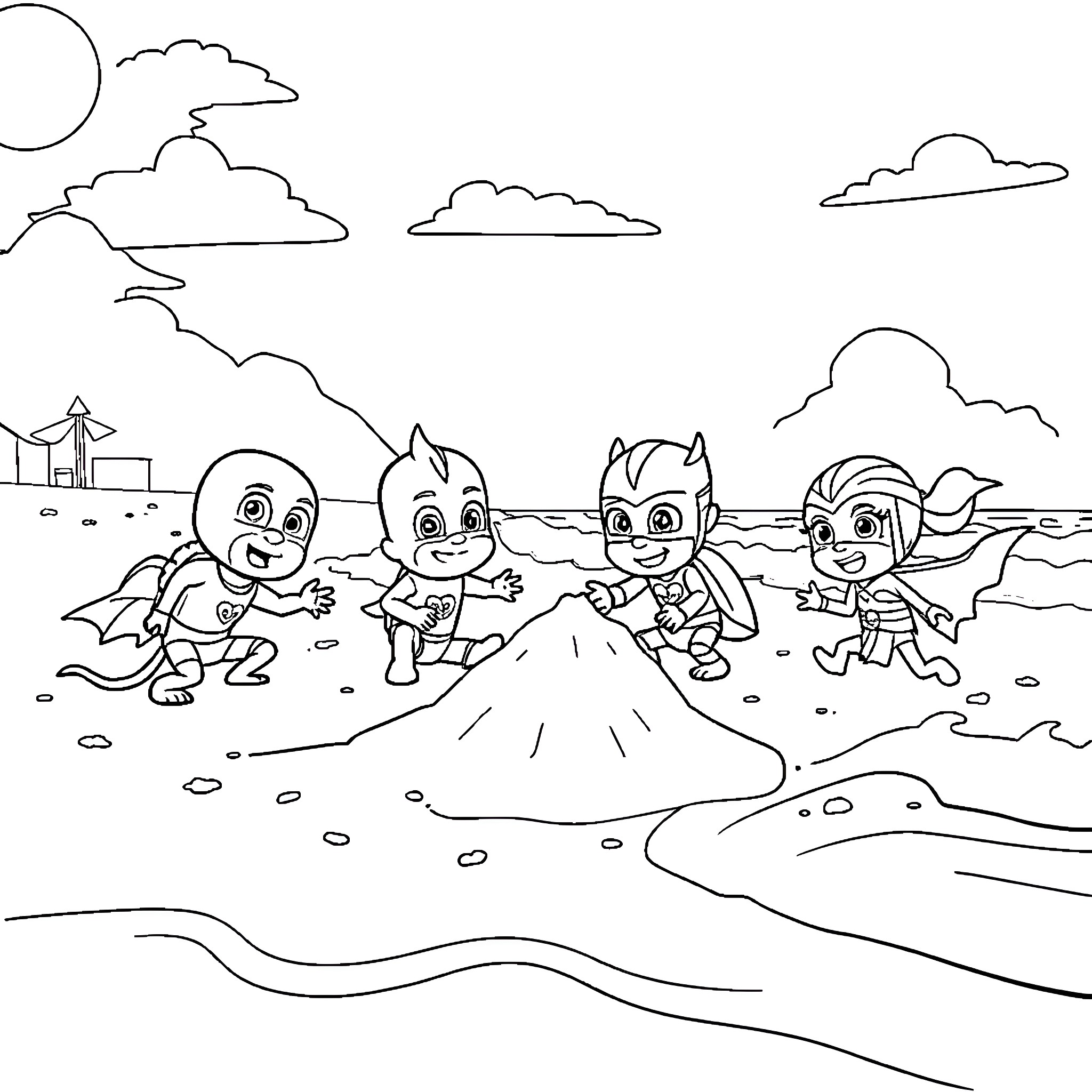 PJ Masks characters playing and exploring outdoors Coloring Page (free black-and-white line drawing printable PDF for all, from beginners to advanced learners, including children, teens, adults, and seniors)