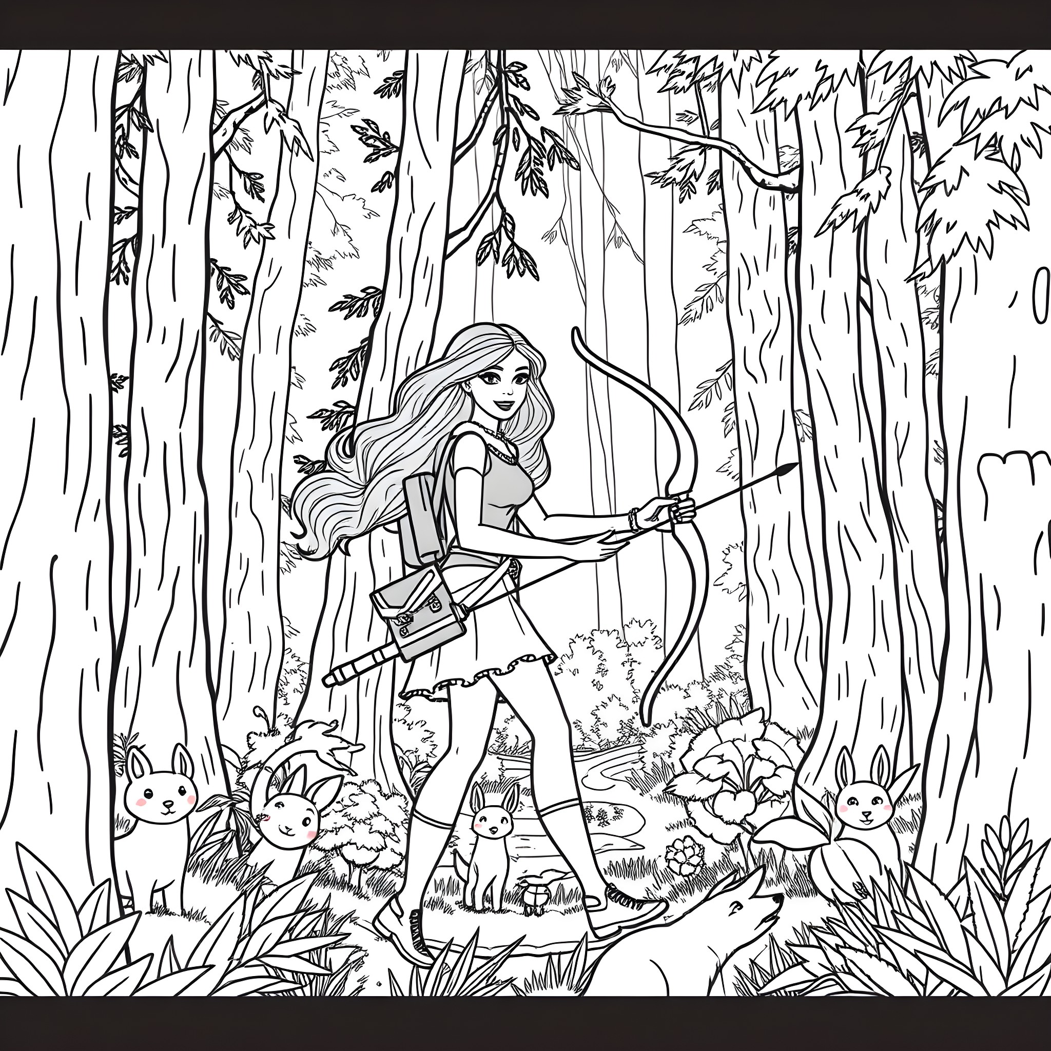 Barbie as a Forest Archer with Woodland Animals Coloring Page (free black-and-white line drawing printable PDF for all, from beginners to advanced learners, including children, teens, adults, and seniors)