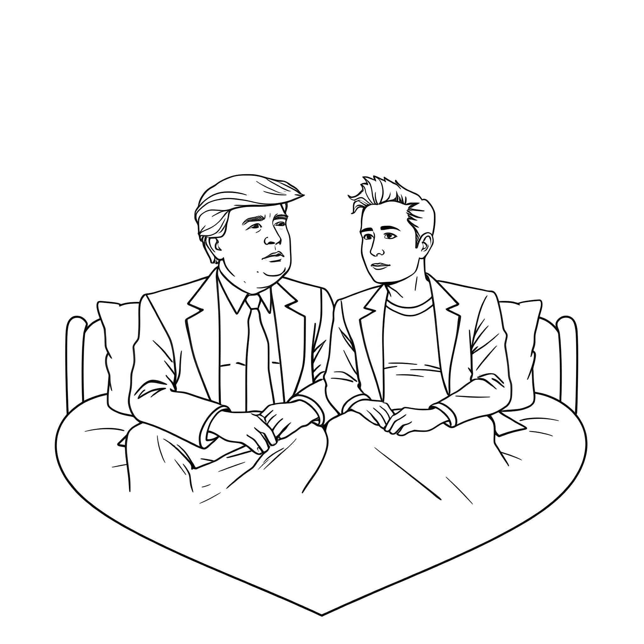 Donald Trump and associate in serious discussion Coloring Page (free black-and-white line drawing printable PDF for all, from beginners to advanced learners, including children, teens, adults, and seniors)