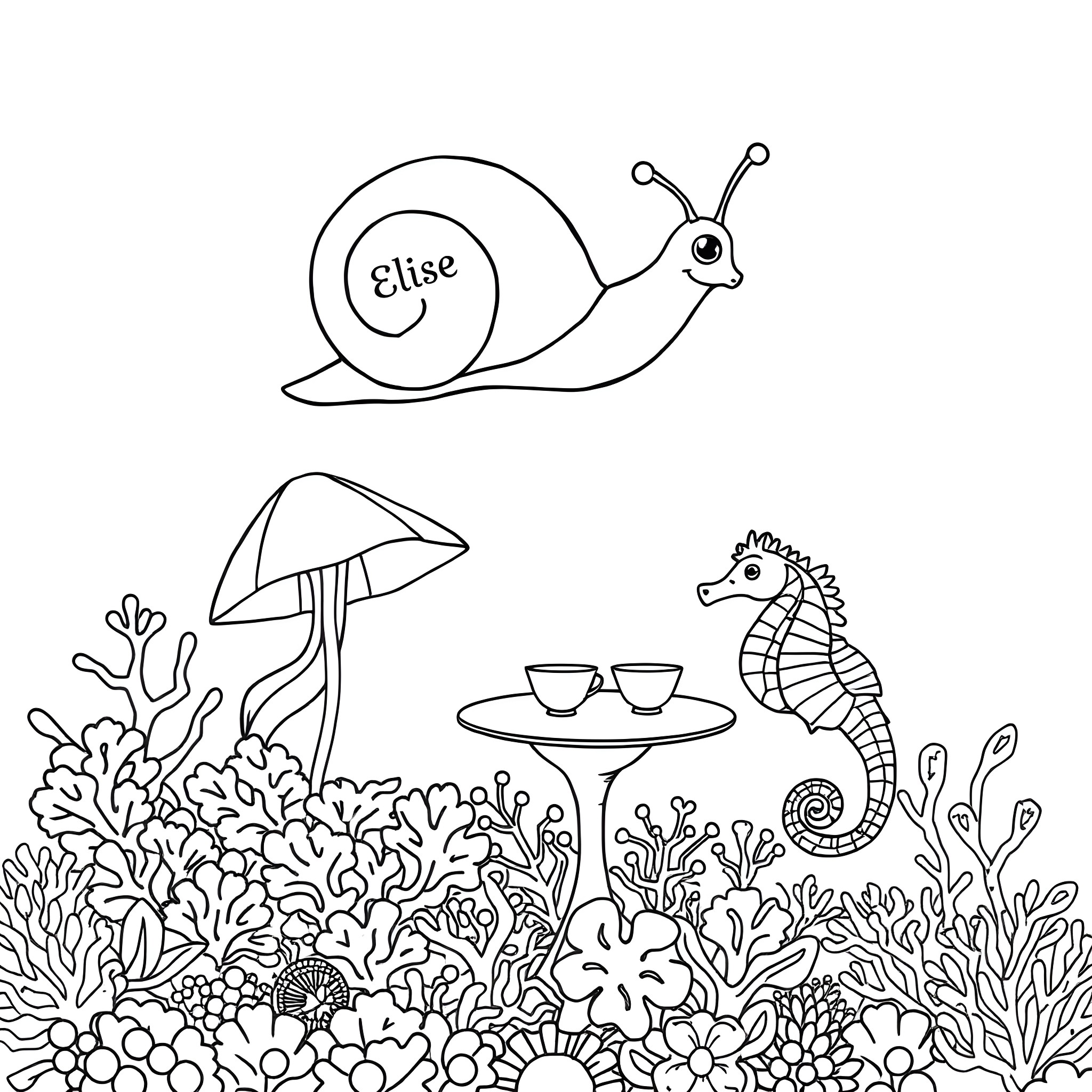 Snail exploring a whimsical underwater garden Coloring Page (free black-and-white line drawing printable PDF for all, from beginners to advanced learners, including children, teens, adults, and seniors)