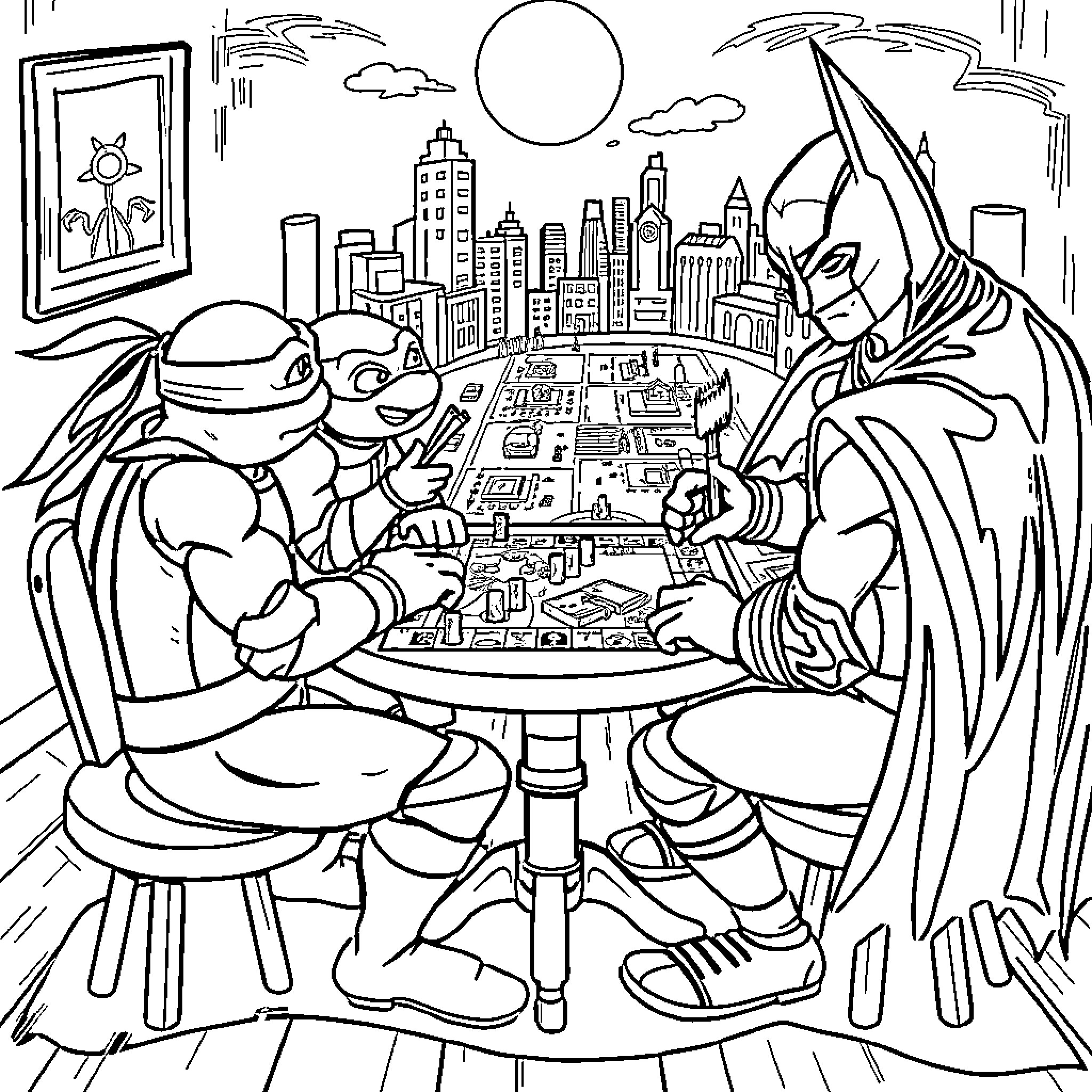 Teenage Mutant Ninja Turtles dining in the city Coloring Page (free black-and-white line drawing printable PDF for all, from beginners to advanced learners, including children, teens, adults, and seniors)