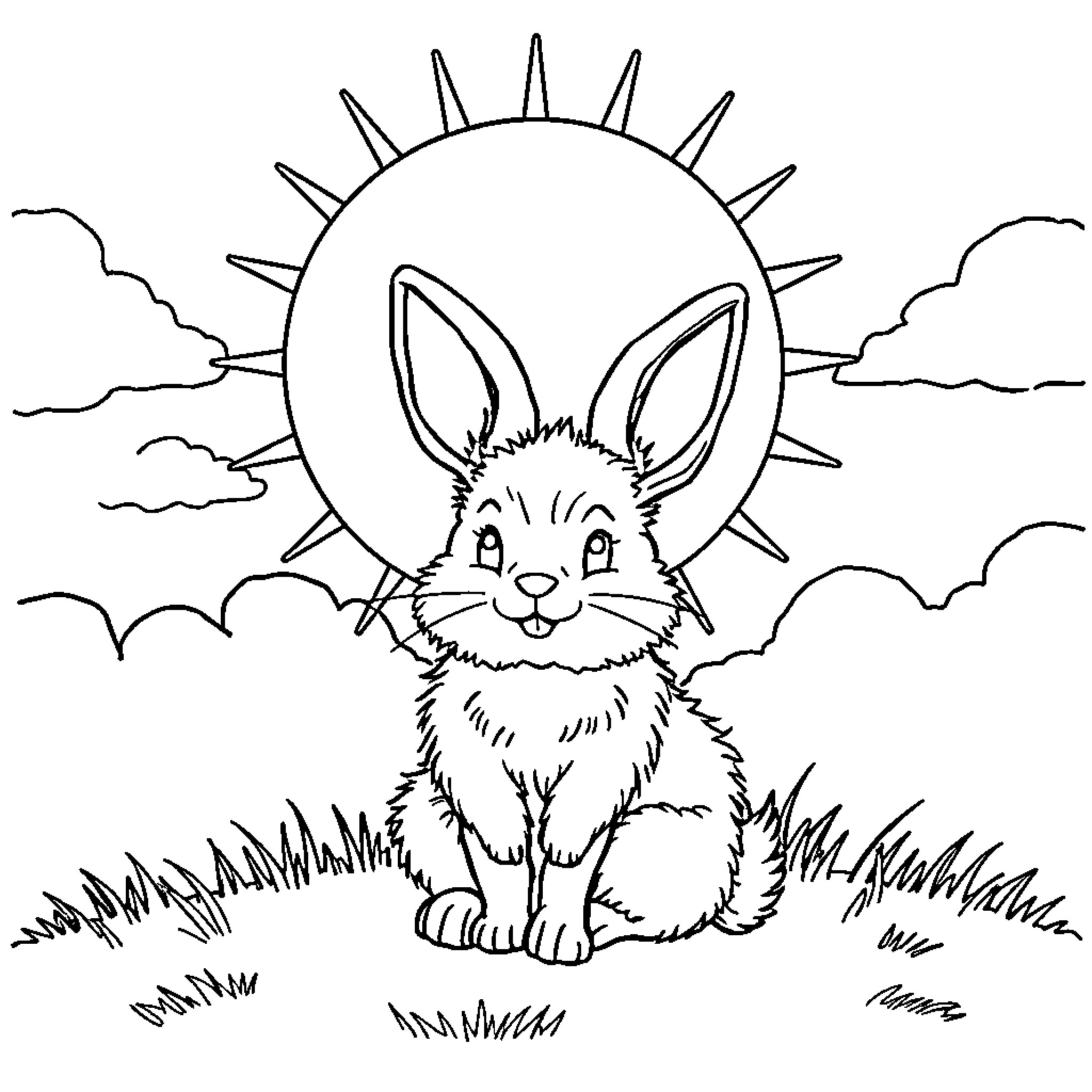 Rabbit enjoying the sunny day in the meadow Coloring Page (free black-and-white line drawing printable PDF for all, from beginners to advanced learners, including children, teens, adults, and seniors)