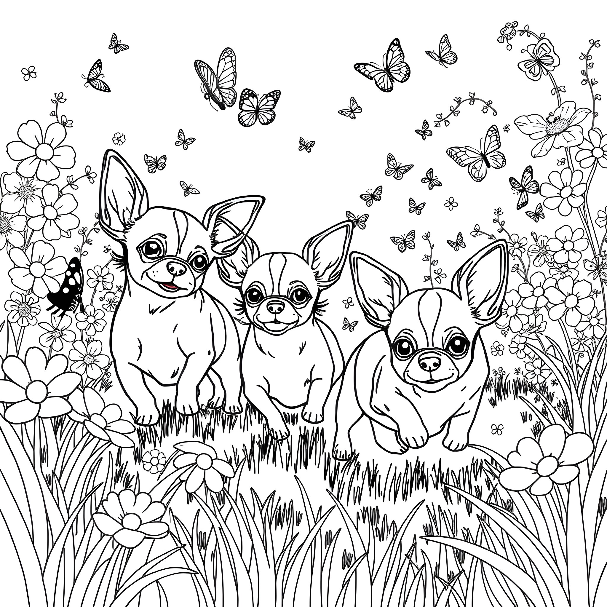 Chihuahuas frolicking among flowers and butterflies Coloring Page (free black-and-white line drawing printable PDF for all, from beginners to advanced learners, including children, teens, adults, and seniors)