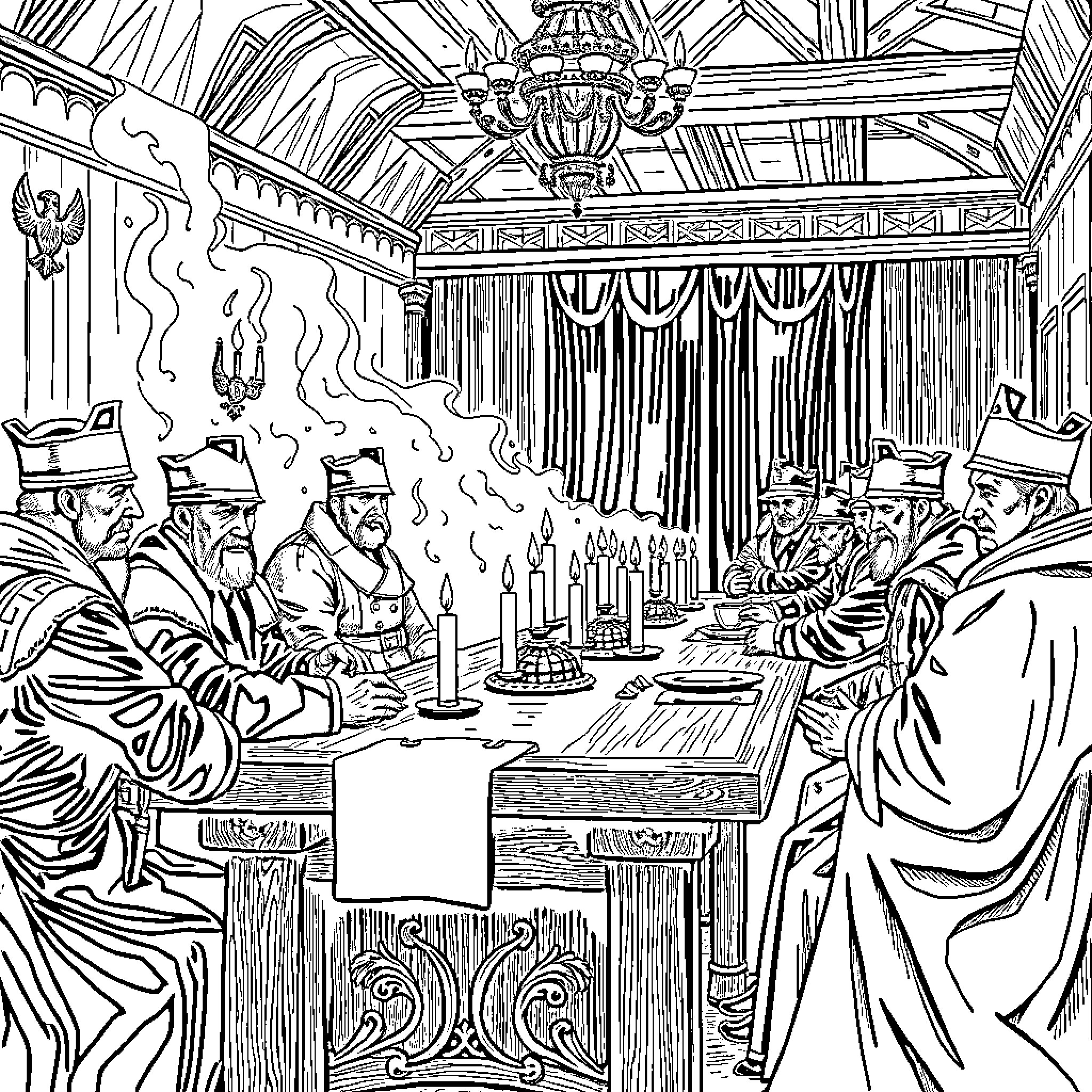 Ivan's Formal Gathering with Candles and Decorations Coloring Page (free black-and-white line drawing printable PDF for all, from beginners to advanced learners, including children, teens, adults, and seniors)