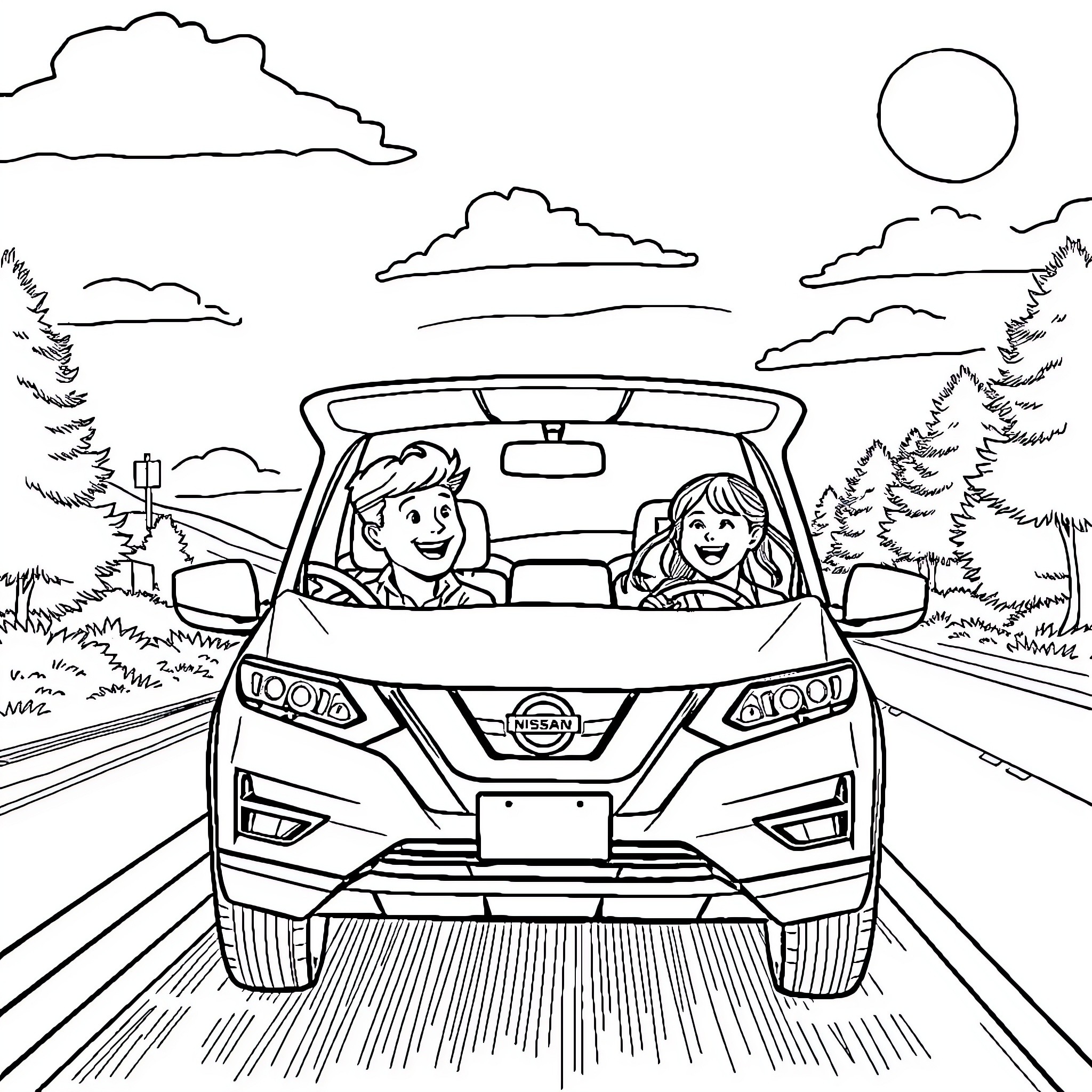 Nissan friends driving through scenic countryside Coloring Page (free black-and-white line drawing printable PDF for all, from beginners to advanced learners, including children, teens, adults, and seniors)