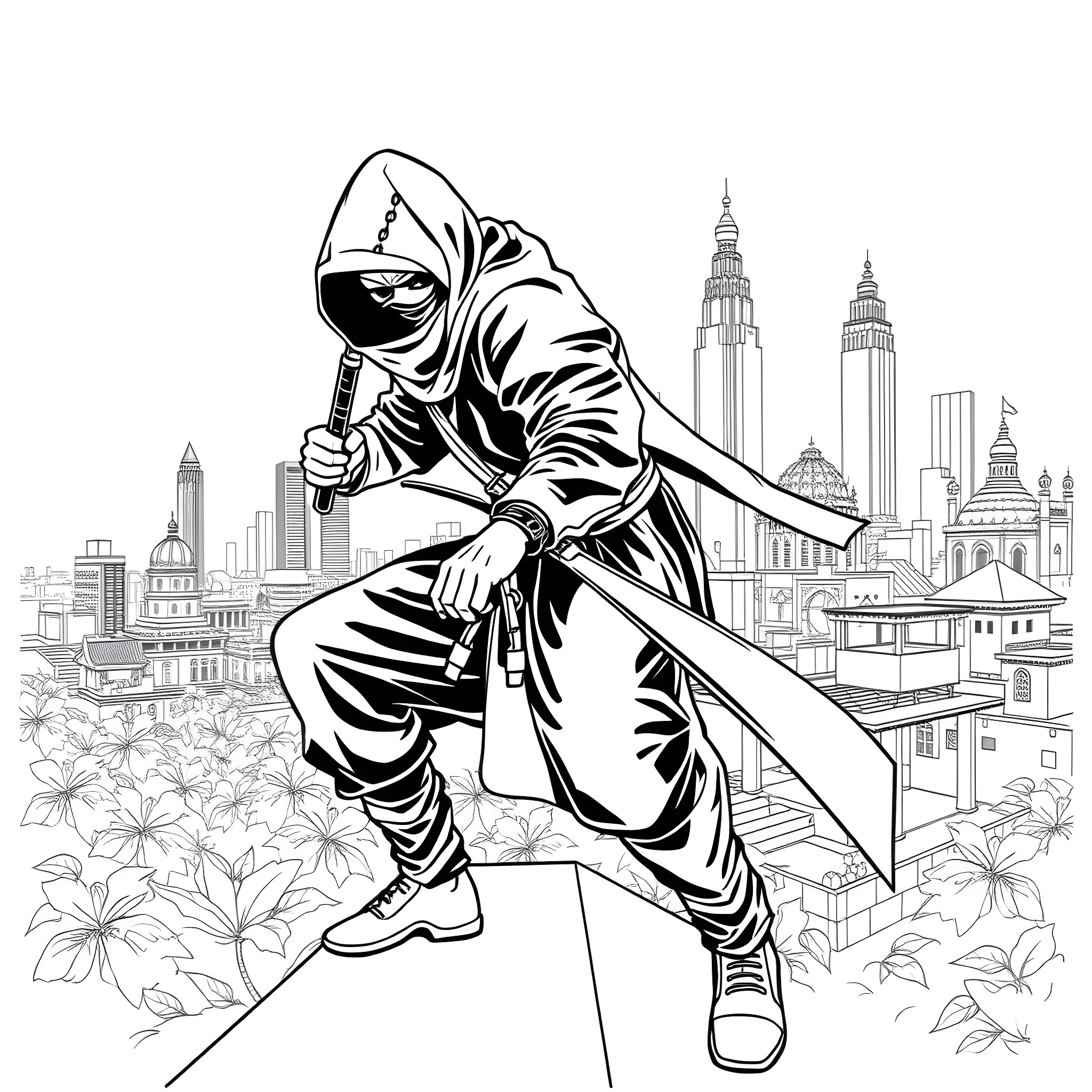 Ninja in action amid city skyline Coloring Page (free black-and-white line drawing printable PDF for all, from beginners to advanced learners, including children, teens, adults, and seniors)