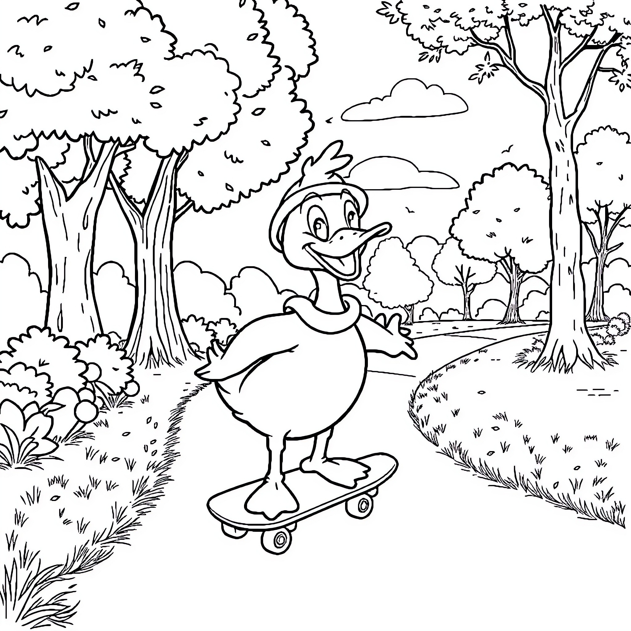 Picsou's Skateboarding Adventure in the Enchanted Forest Coloring Page (free black-and-white line drawing printable PDF for all, from beginners to advanced learners, including children, teens, adults, and seniors)