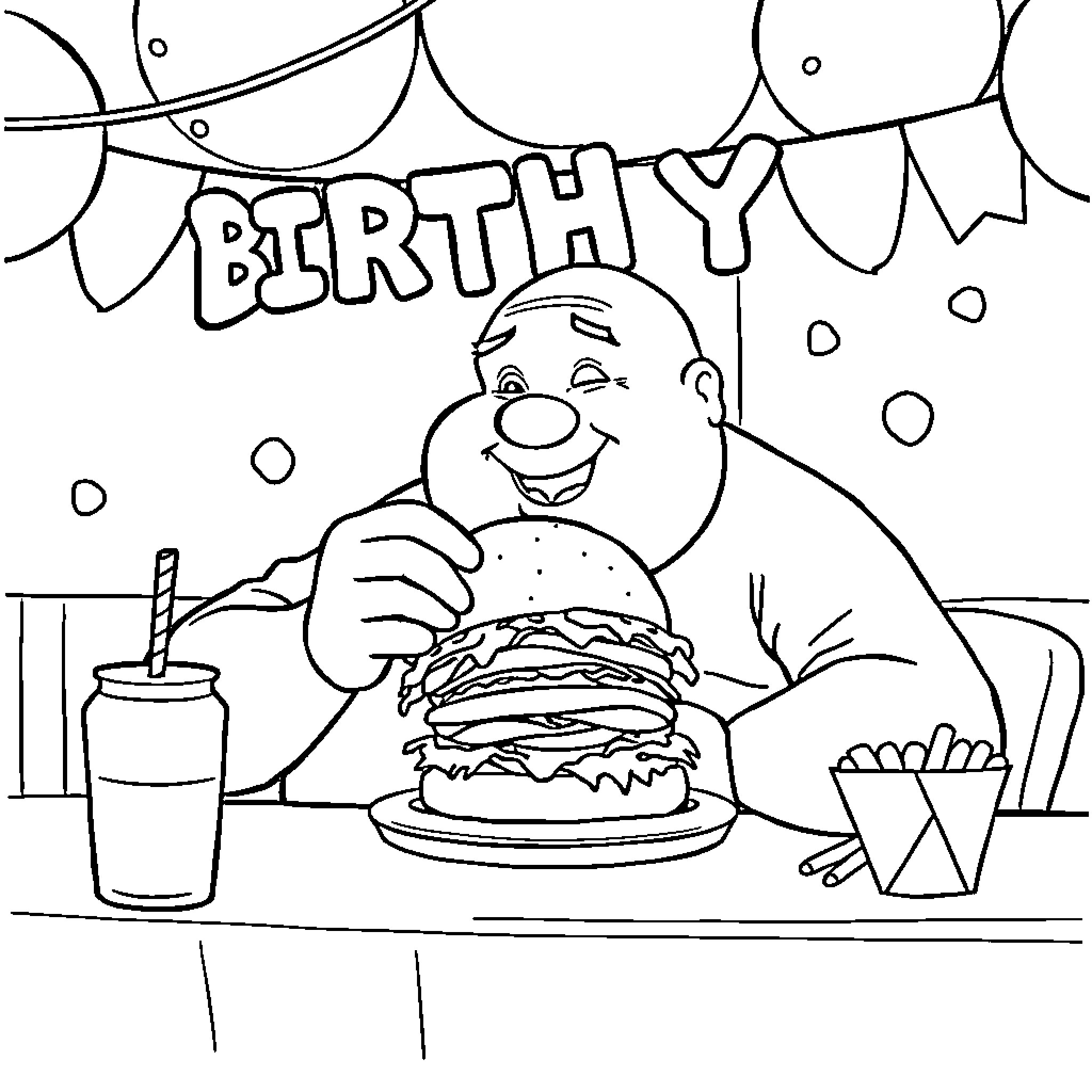 Man enjoying birthday meal with burger and drink Coloring Page (free black-and-white line drawing printable PDF for all, from beginners to advanced learners, including children, teens, adults, and seniors)