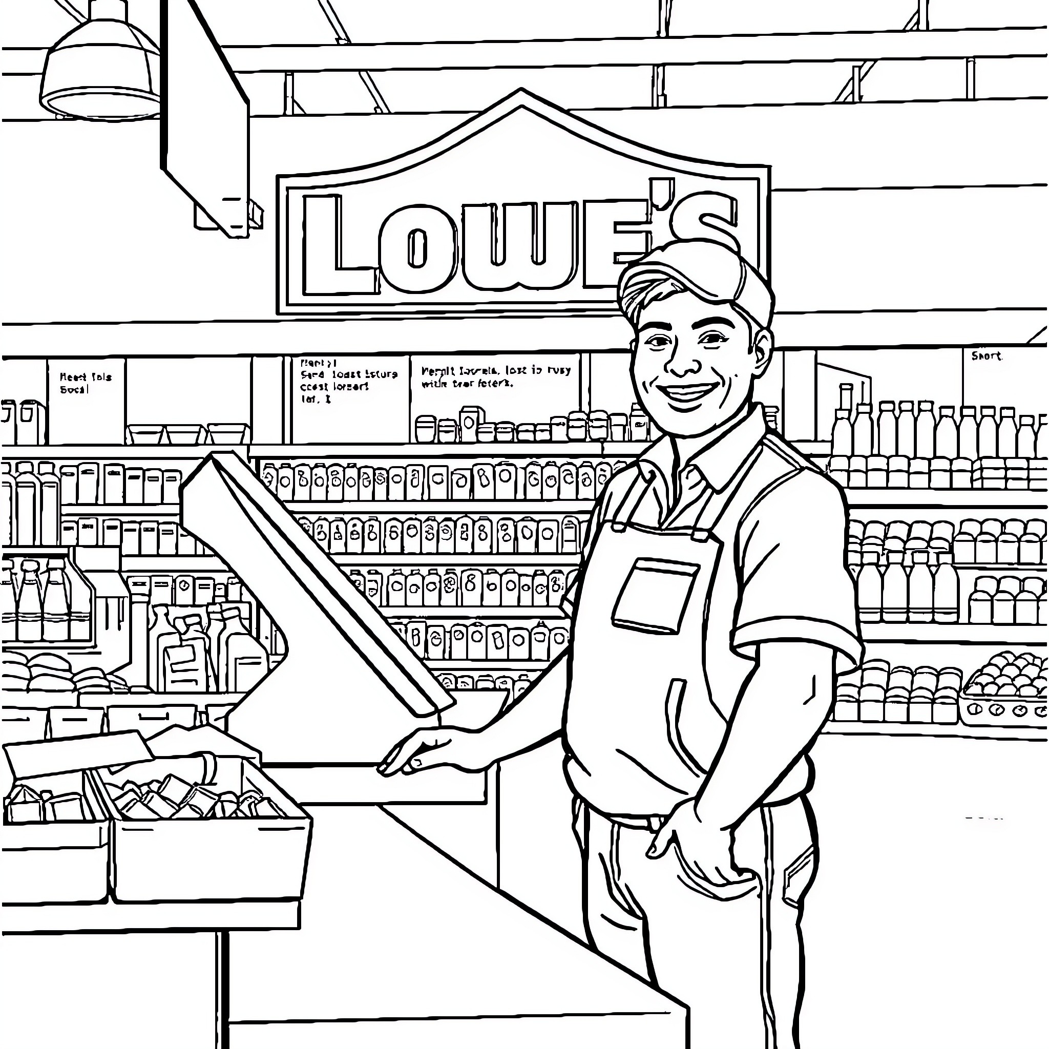 Employee working diligently in a convenience store Coloring Page (free black-and-white line drawing printable PDF for all, from beginners to advanced learners, including children, teens, adults, and seniors)