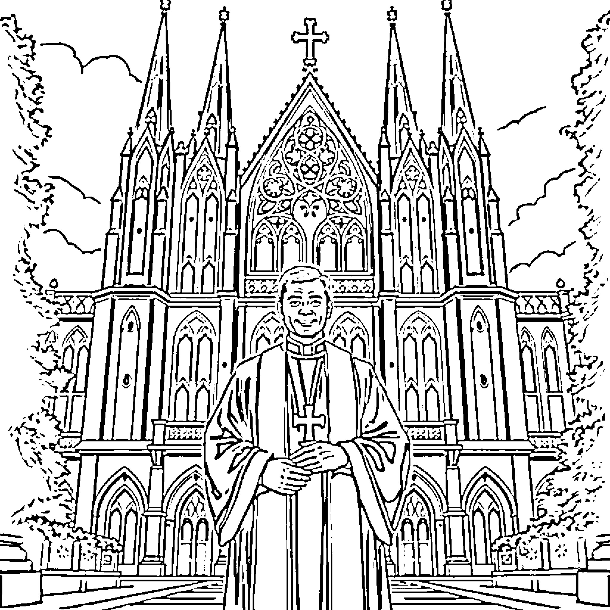 Vicar standing before grand Gothic cathedral Coloring Page (free black-and-white line drawing printable PDF for all, from beginners to advanced learners, including children, teens, adults, and seniors)